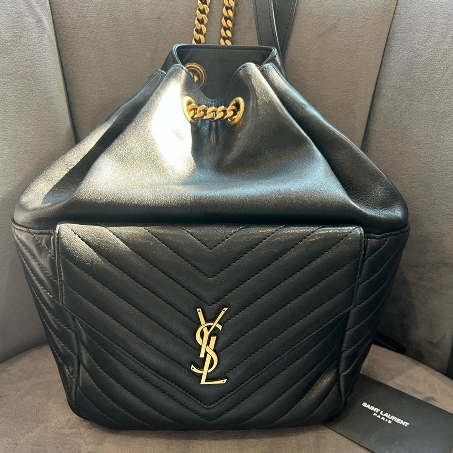 Yves Saint Laurent Joe Black Leather Backpack with Gold Chain