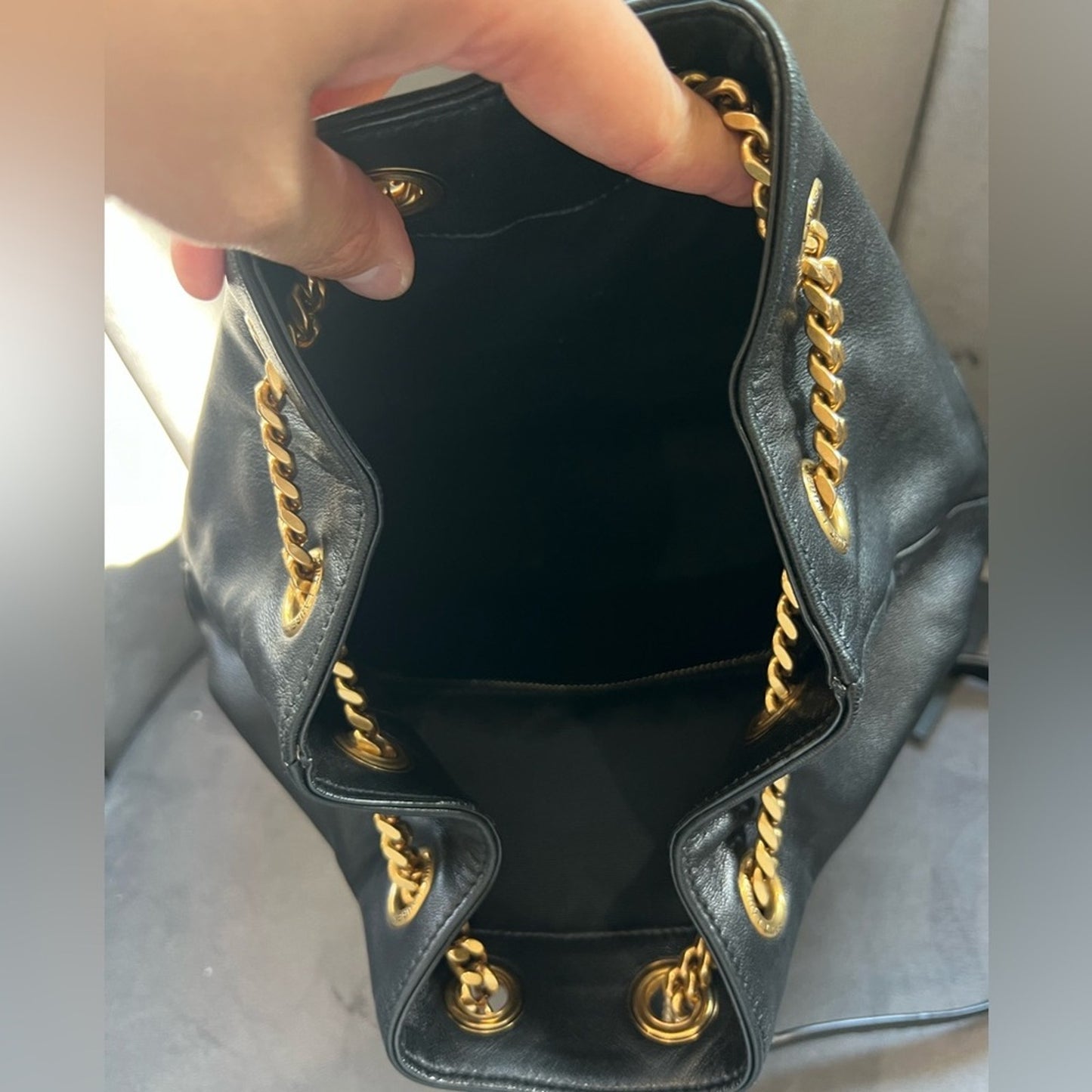 Yves Saint Laurent Joe Black Leather Backpack with Gold Chain