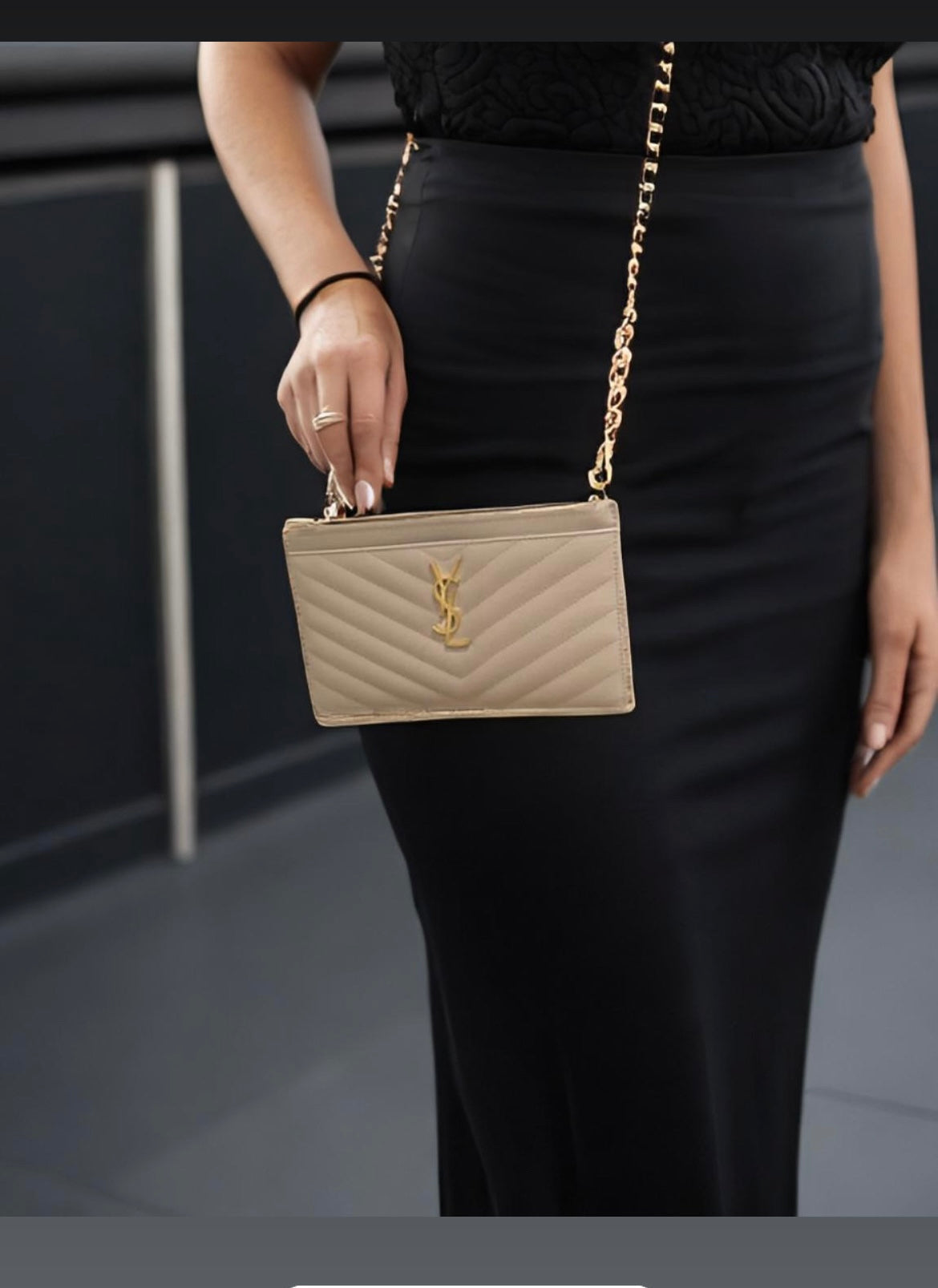 Beige YSL monogram clutch wallet on chain
