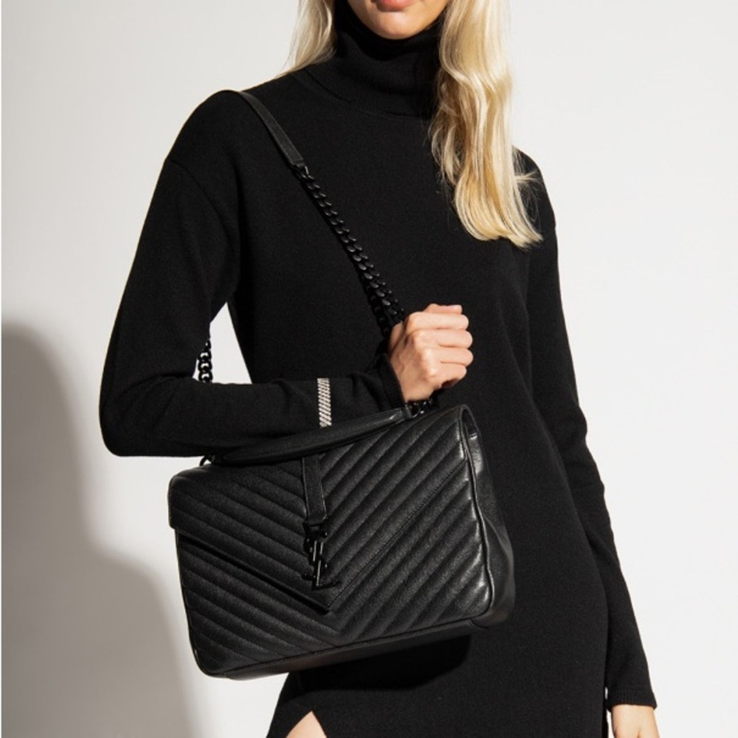 Saint Laurent Matelasse Chevron Monogram Large College Satchel Black