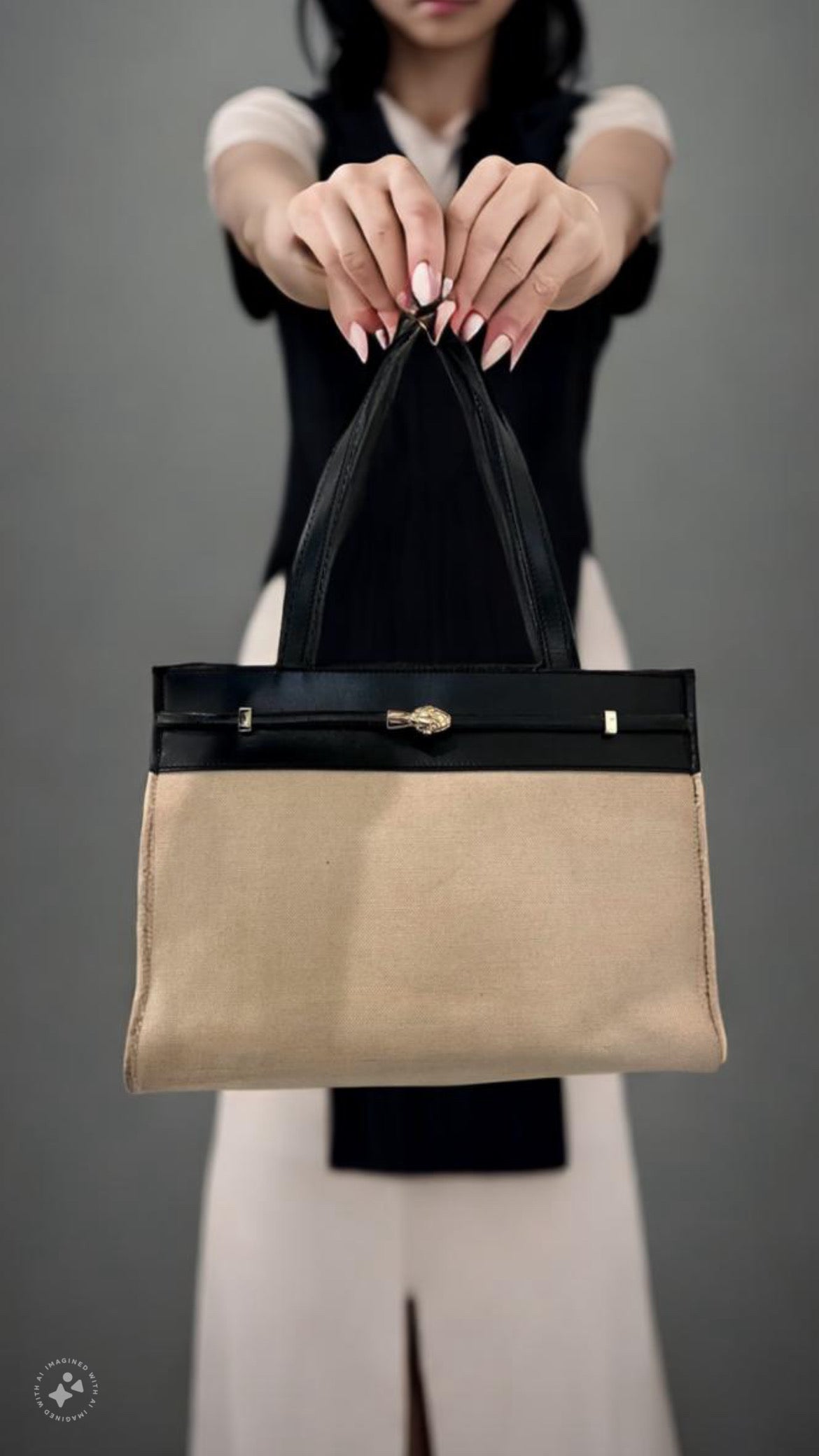 YSL Manhattan canvas tote beige and black