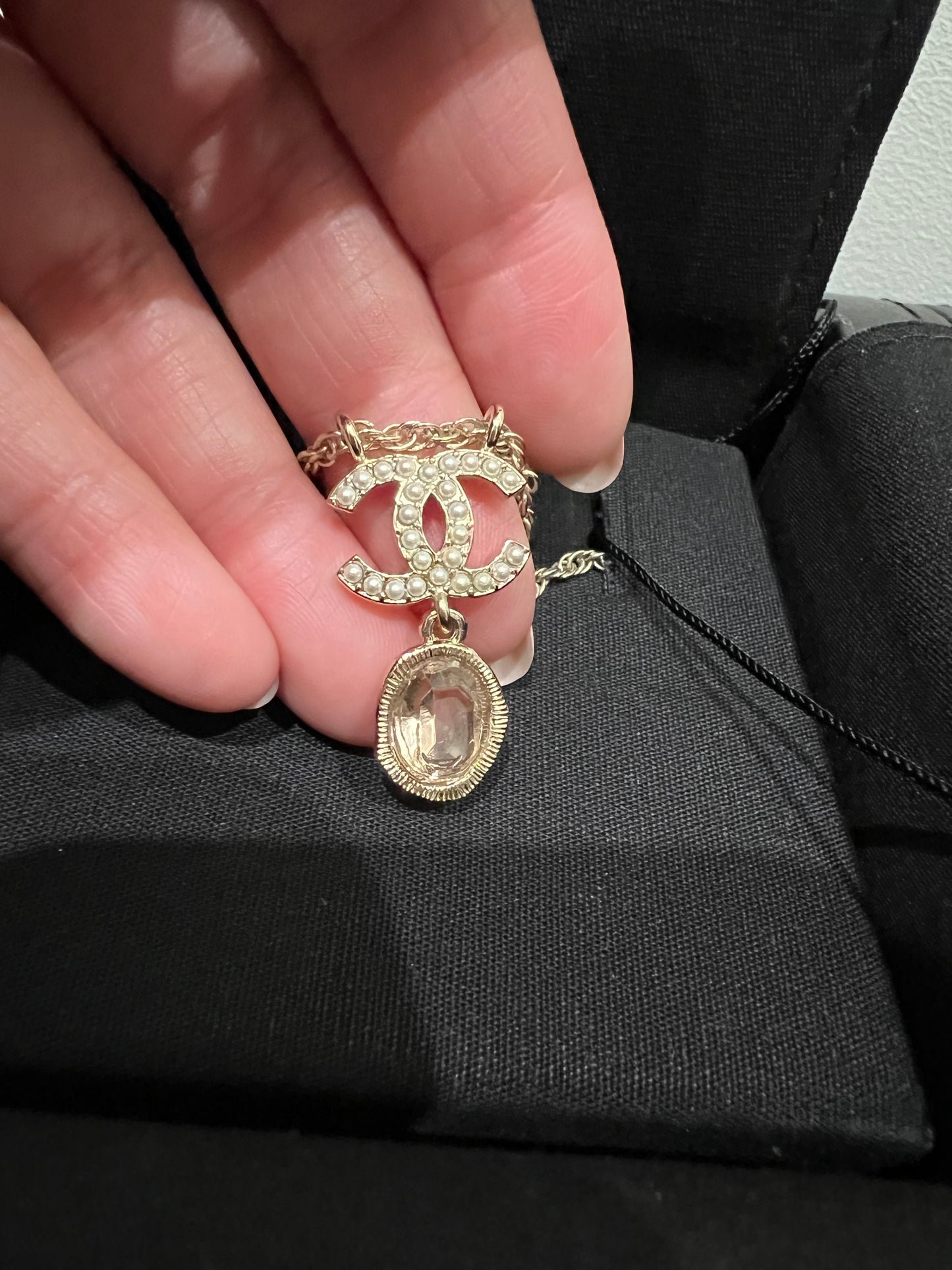 Chanel pink crystal pearl drop necklace