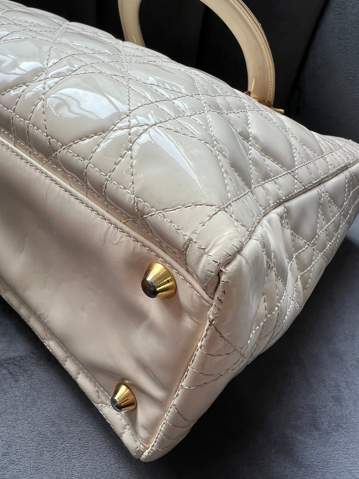 CHRISTIAN DIOR Patent Cannage Large Lady Dior Ivory