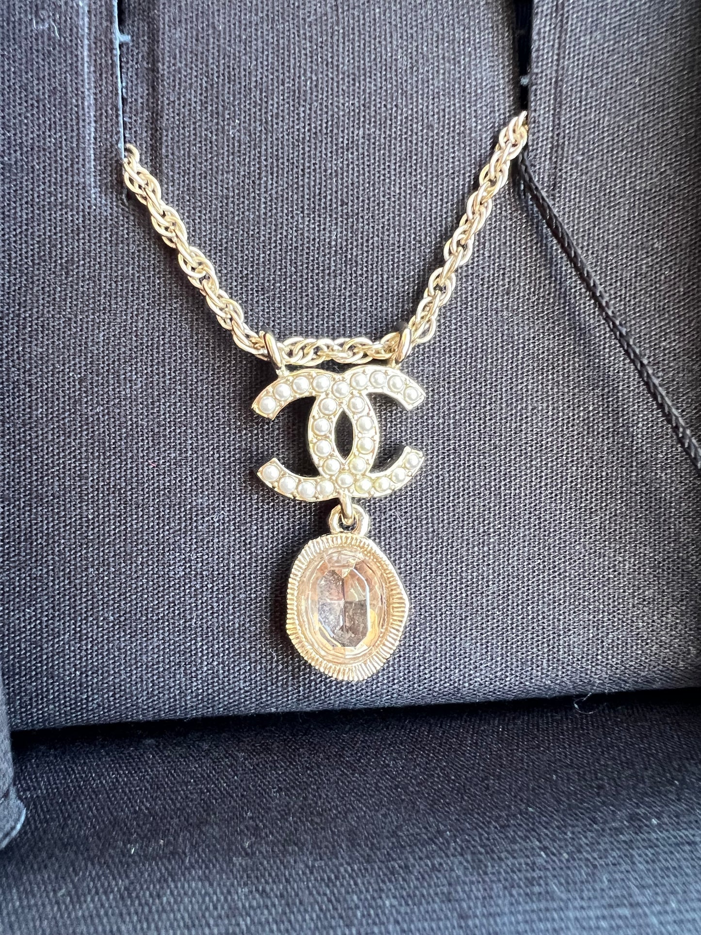 Chanel pink crystal pearl drop necklace
