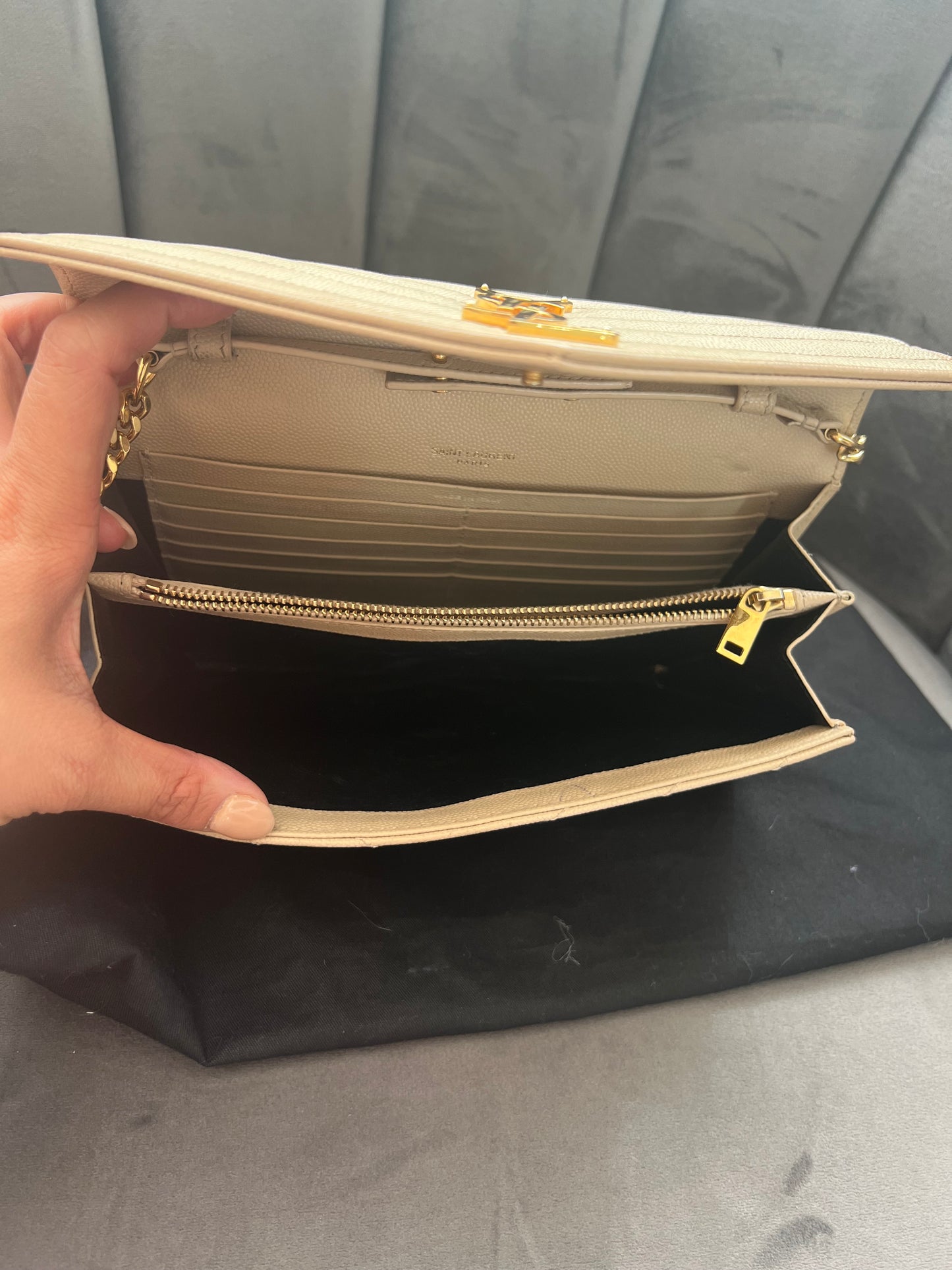YSL cassandre flap large wallet on chain beige