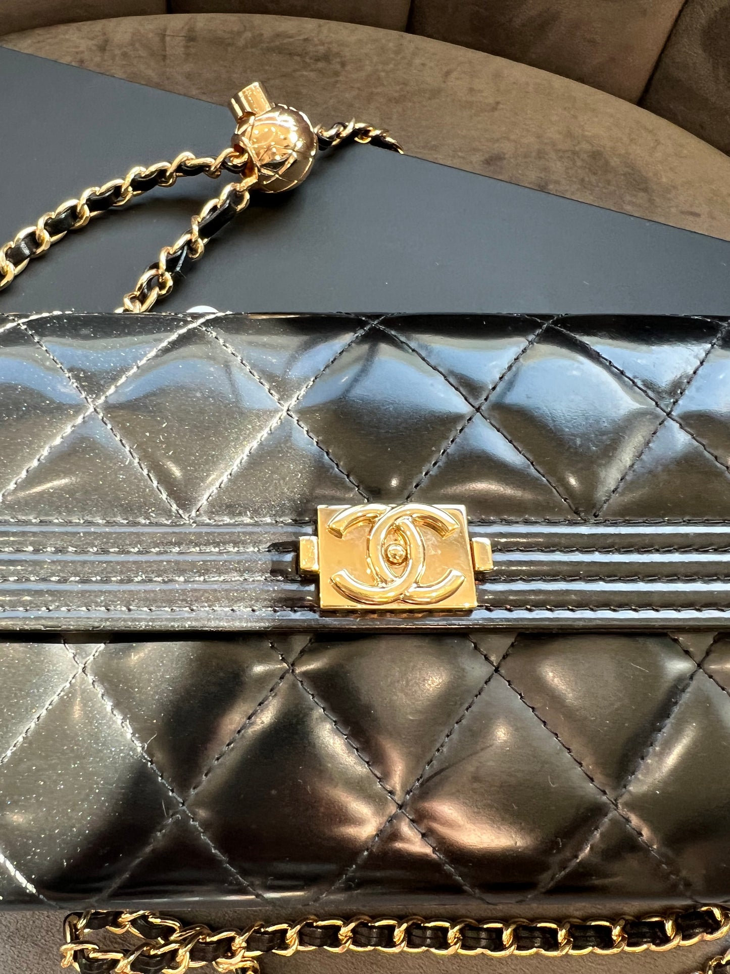 Chanel Boy Gusseted black wallet on chain