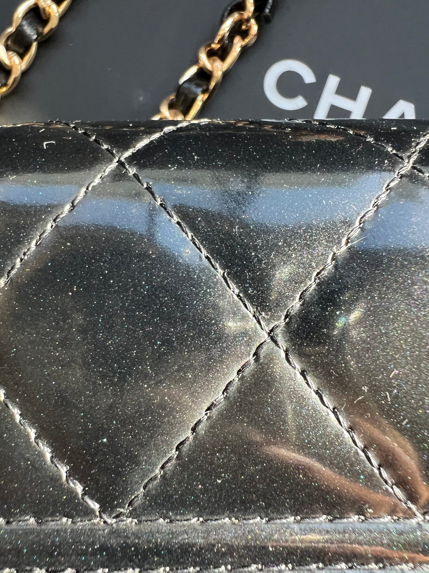 Chanel Boy Gusseted black wallet on chain
