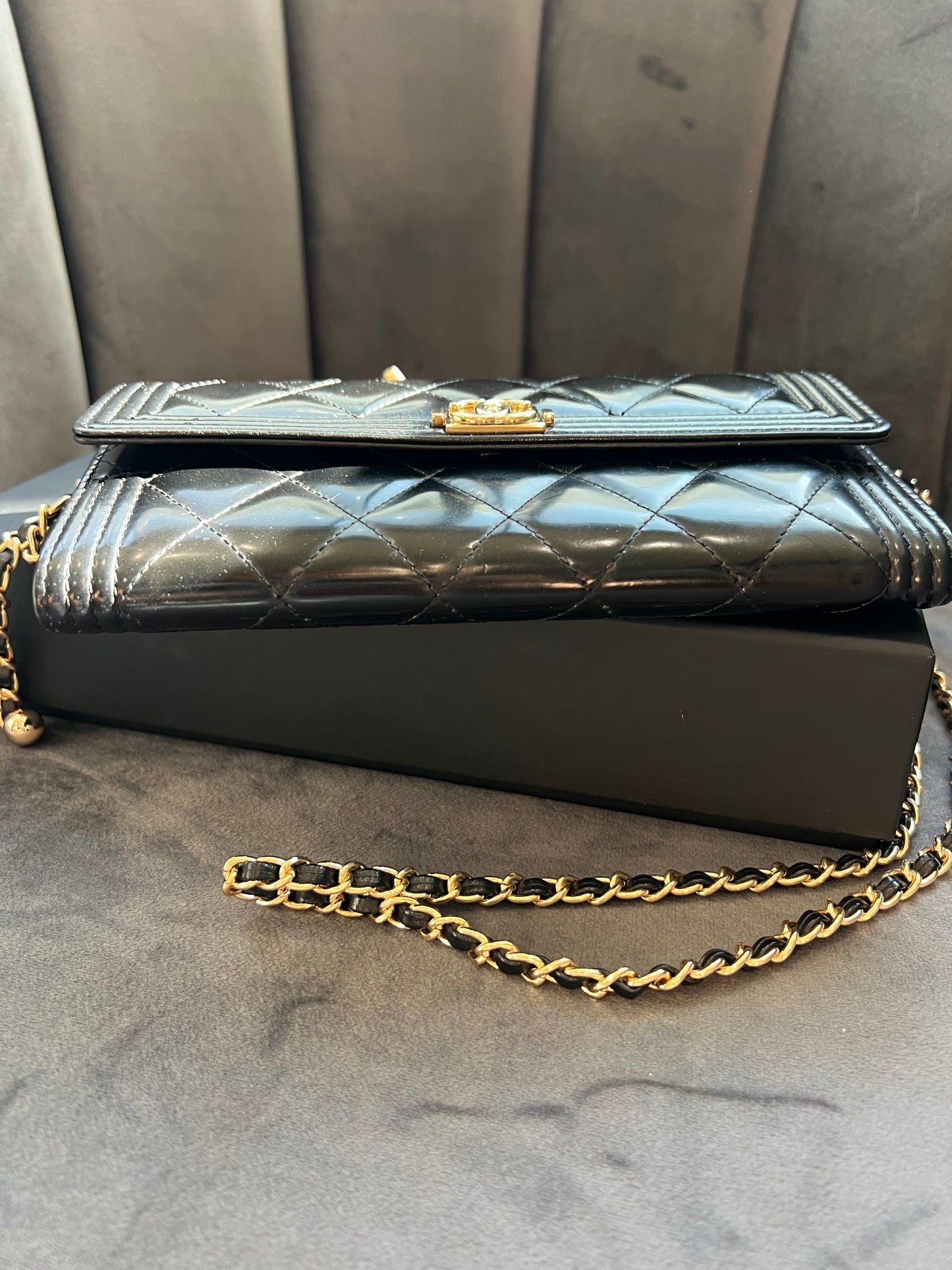 Chanel Boy Gusseted black wallet on chain