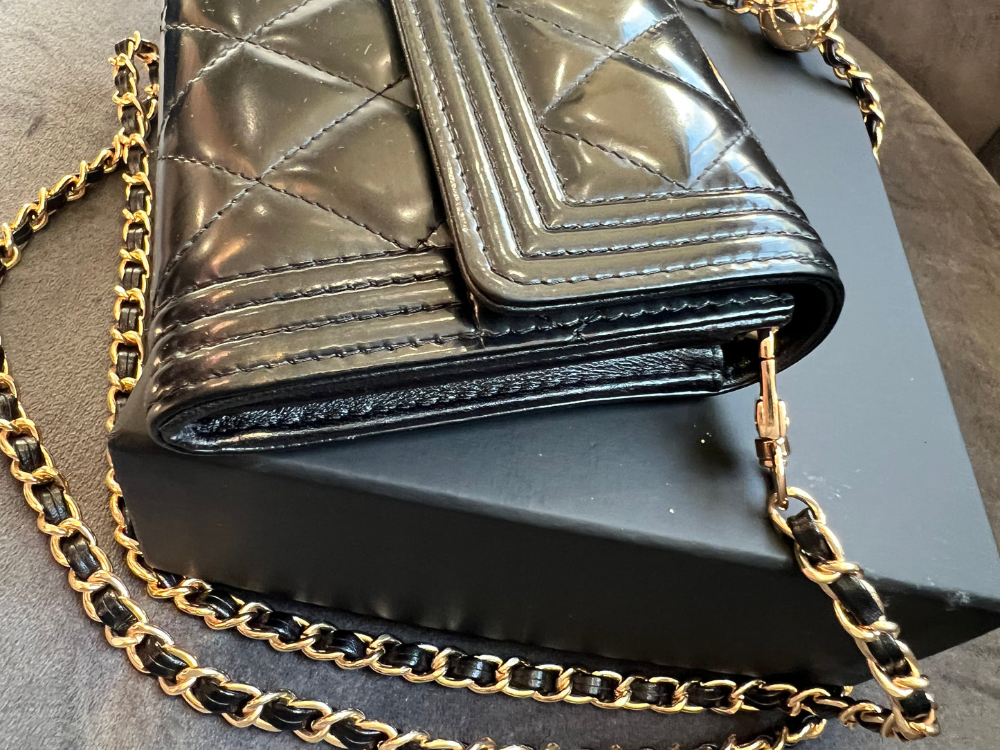 Chanel Boy Gusseted black wallet on chain
