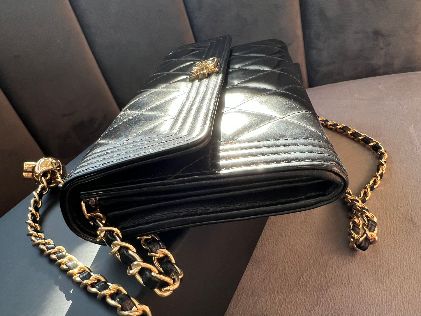 Chanel Boy Gusseted black wallet on chain