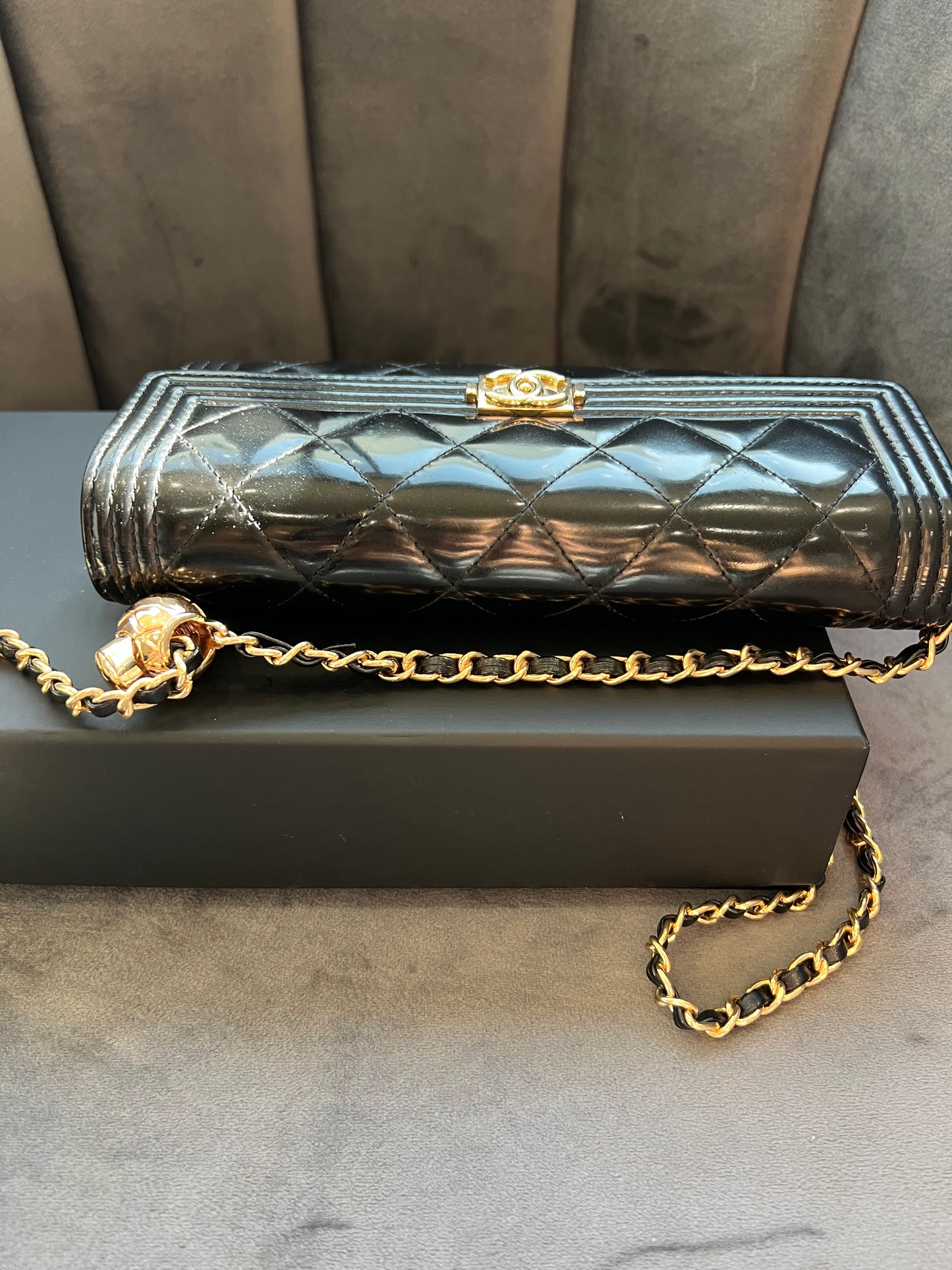 Chanel Boy Gusseted black wallet on chain