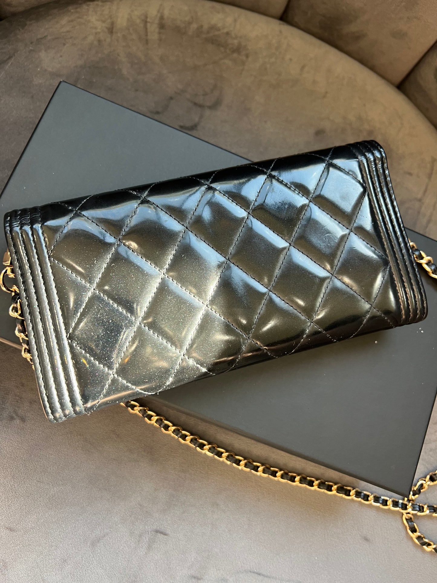 Chanel Boy Gusseted black wallet on chain