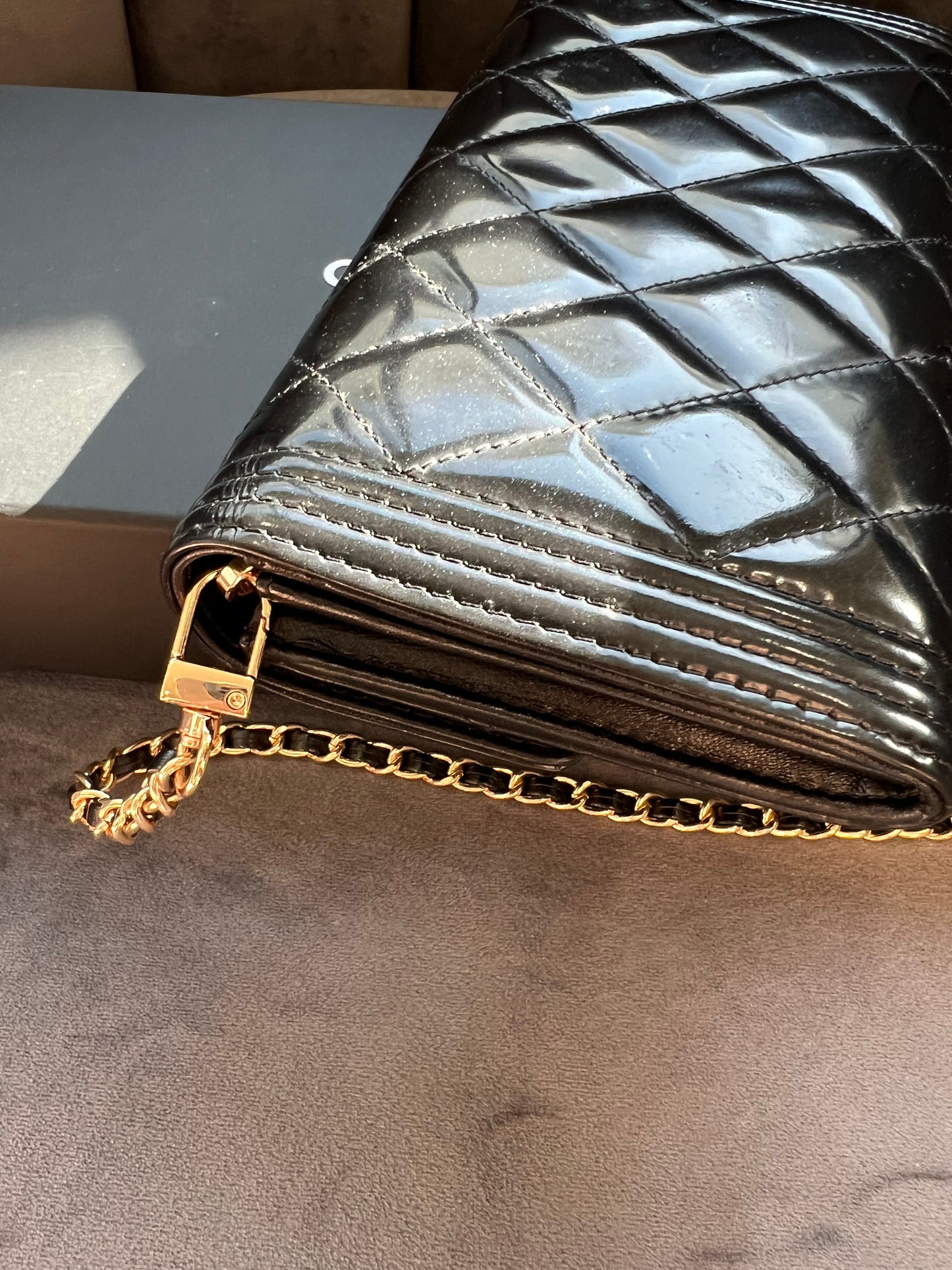Chanel Boy Gusseted black wallet on chain