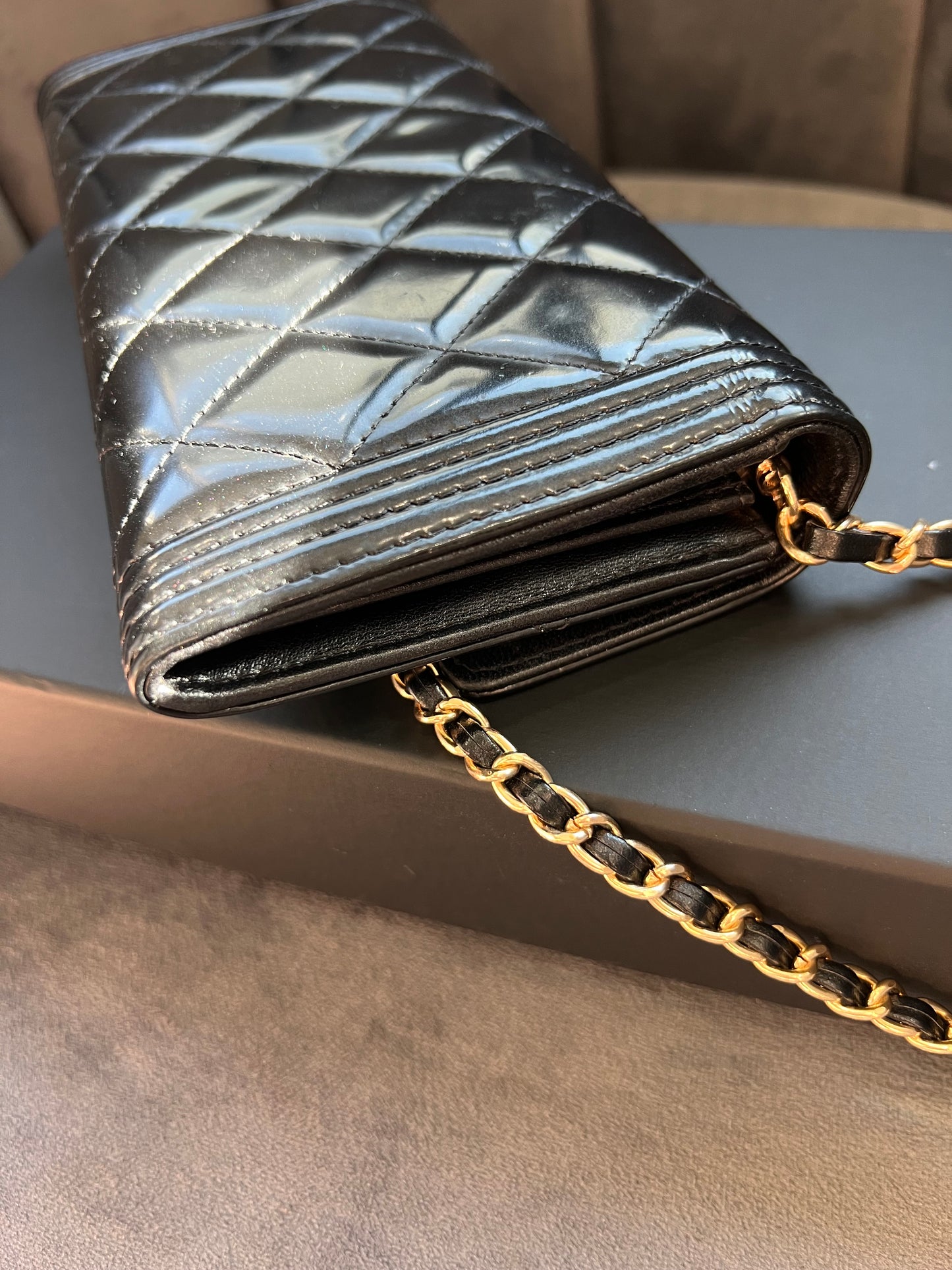 Chanel Boy Gusseted black wallet on chain