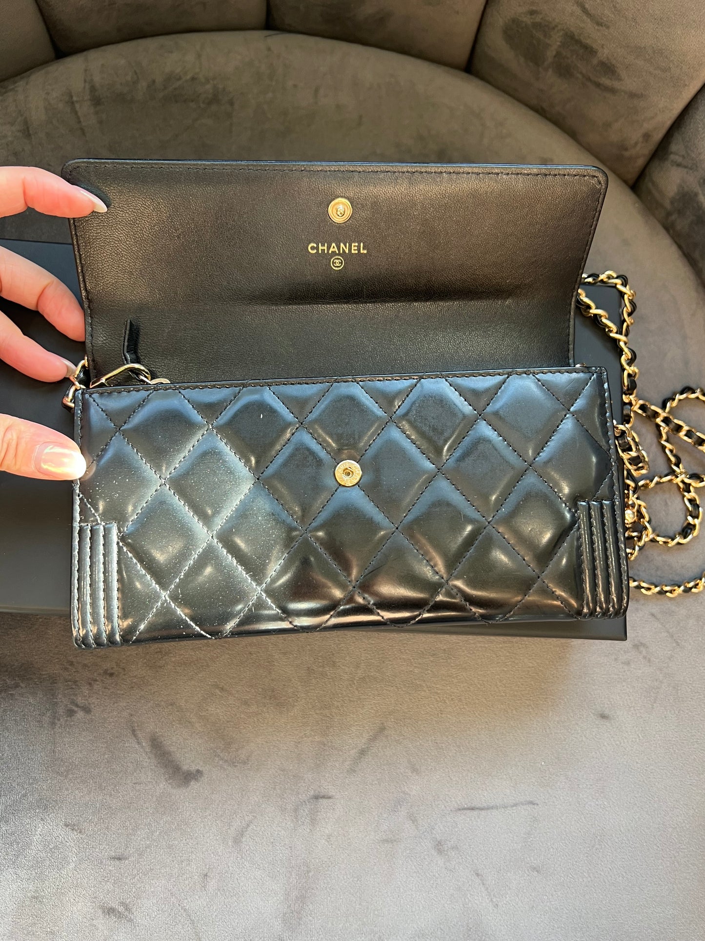 Chanel Boy Gusseted black wallet on chain