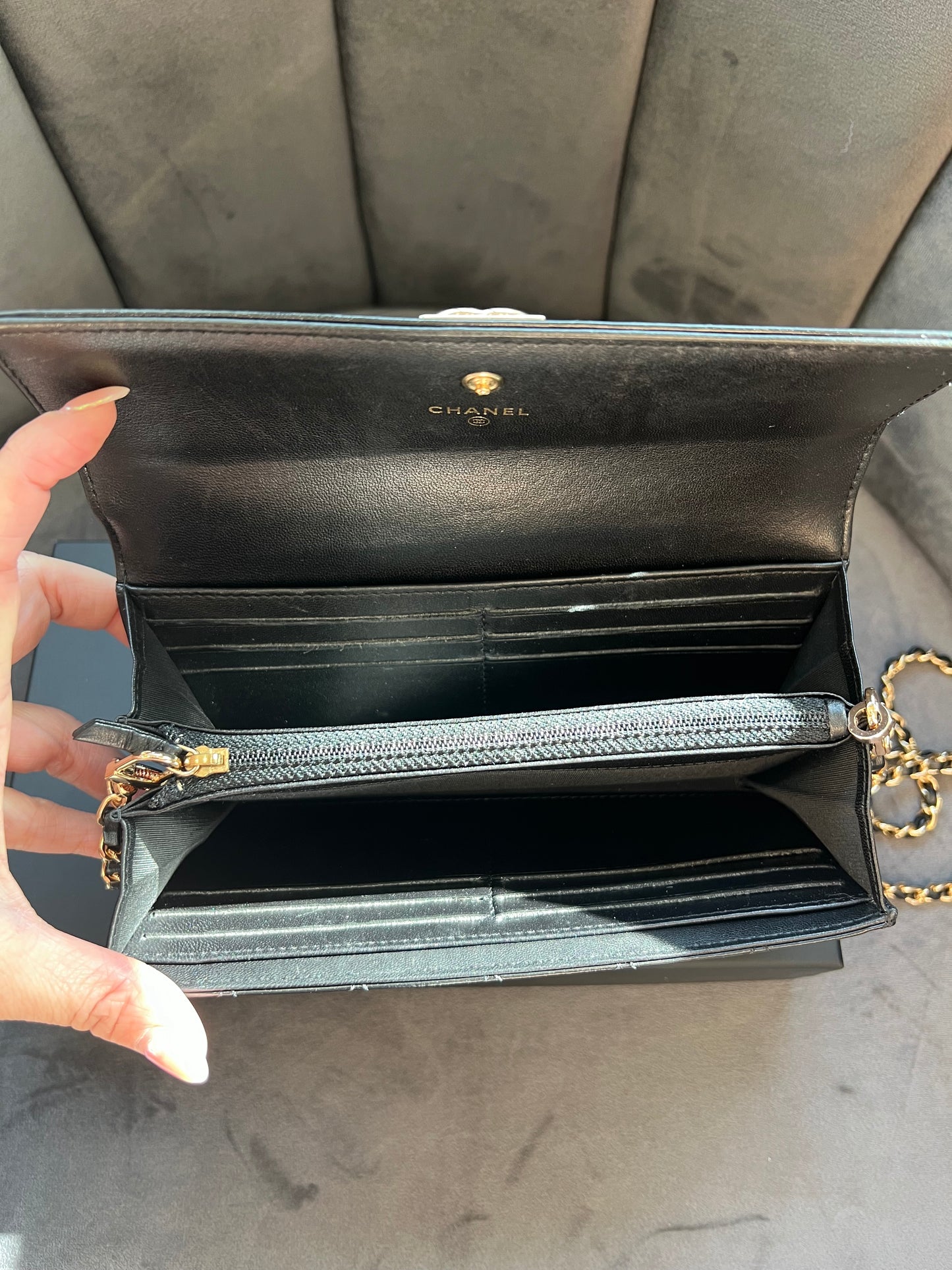 Chanel Boy Gusseted black wallet on chain