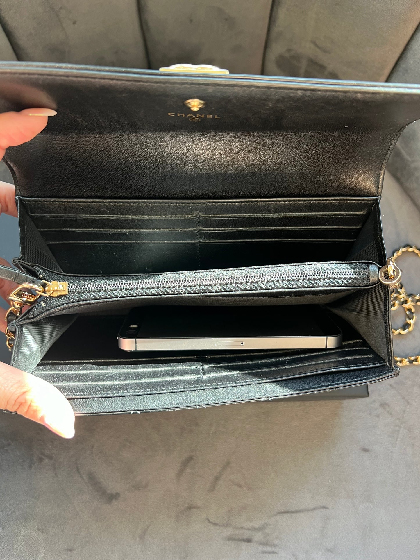Chanel Boy Gusseted black wallet on chain