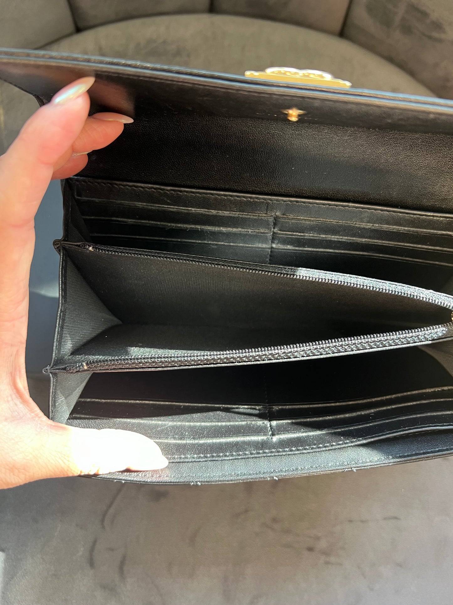Chanel Boy Gusseted black wallet on chain