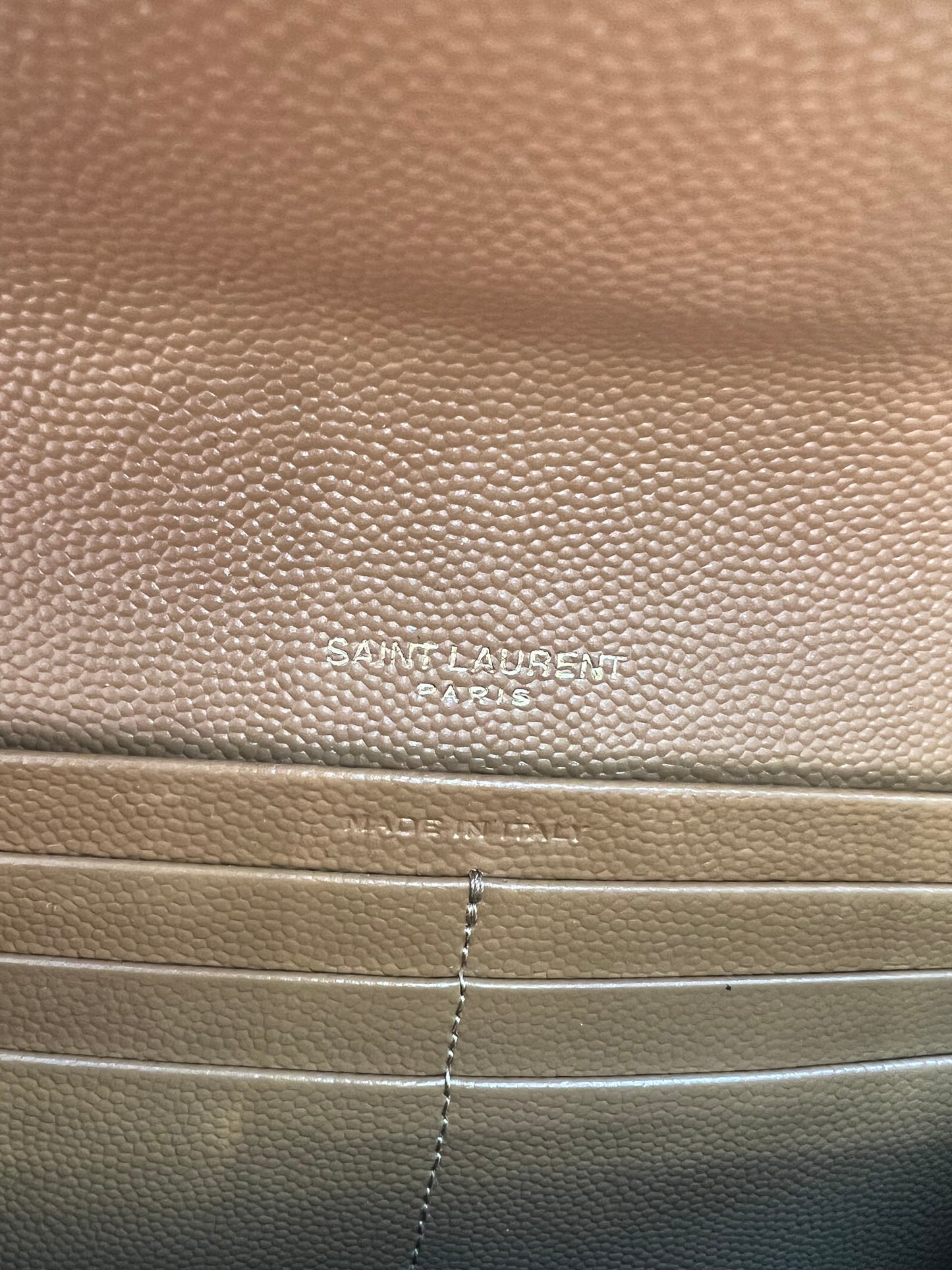 Saint Laurent Cassandre envelope flap brown wallet on chain