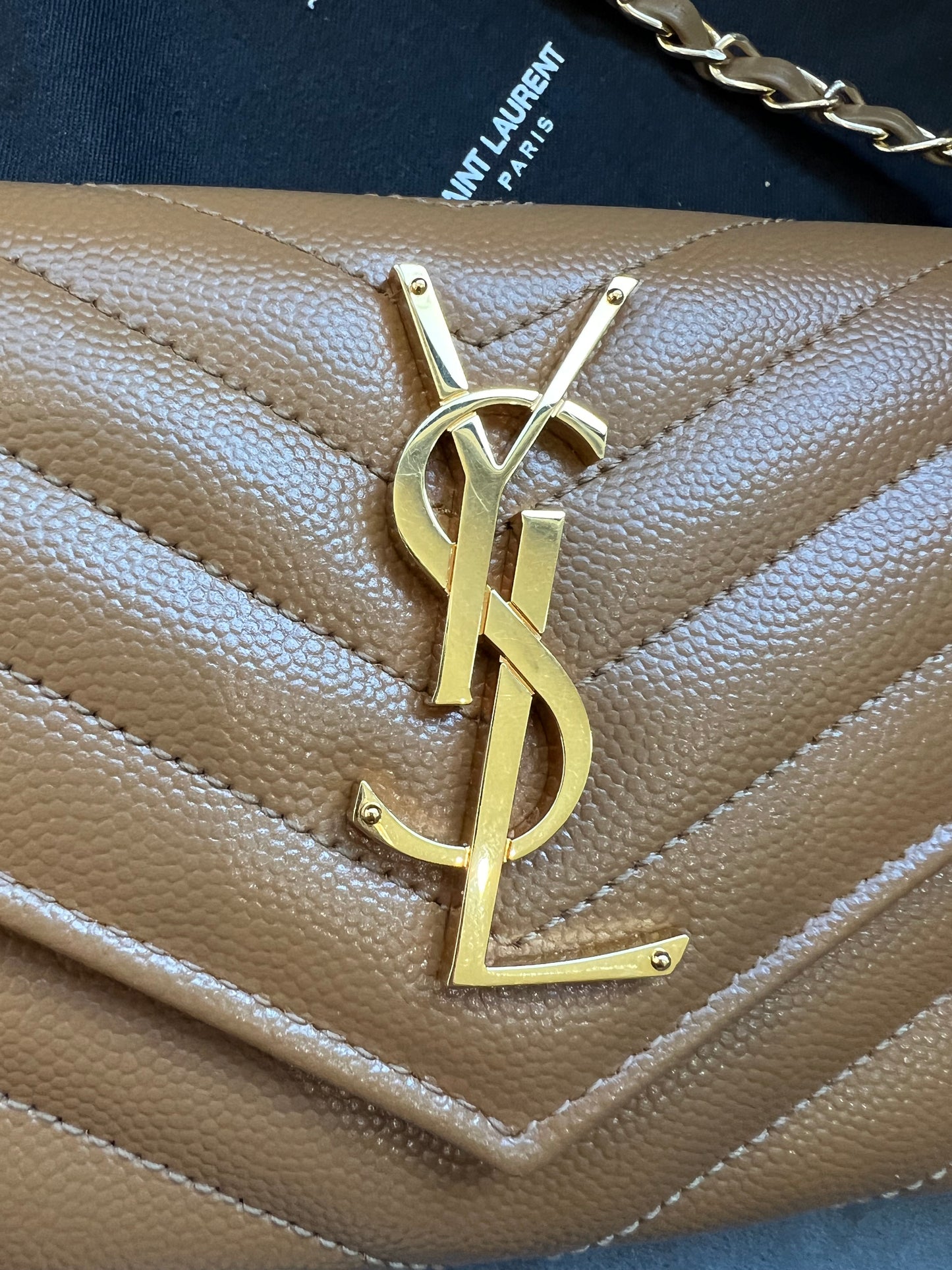 Saint Laurent Cassandre envelope flap brown wallet on chain