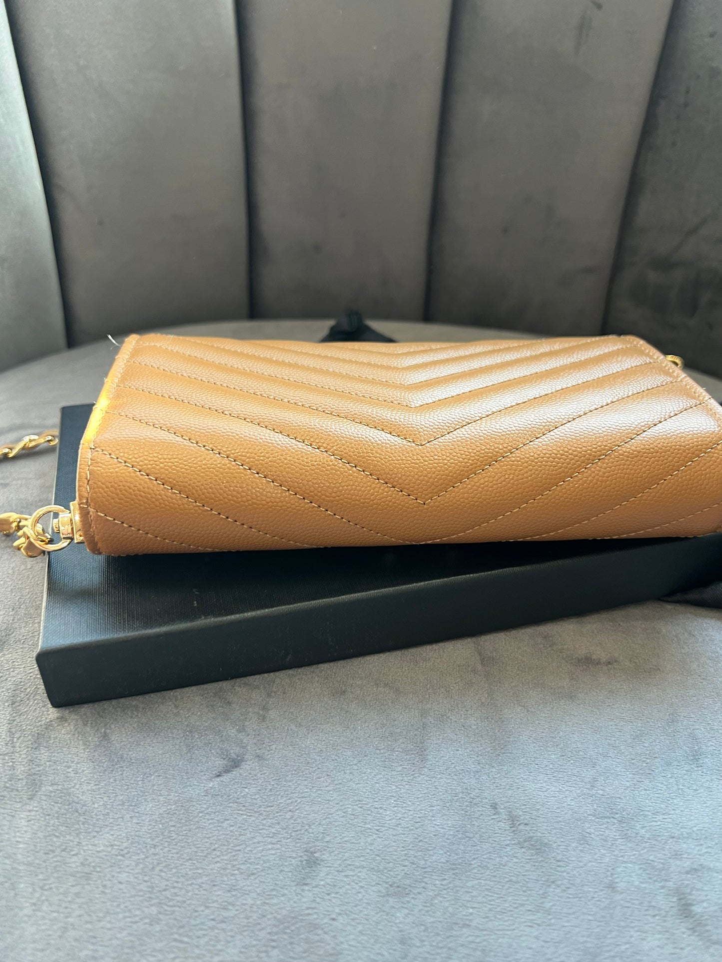 Saint Laurent Cassandre envelope flap brown wallet on chain