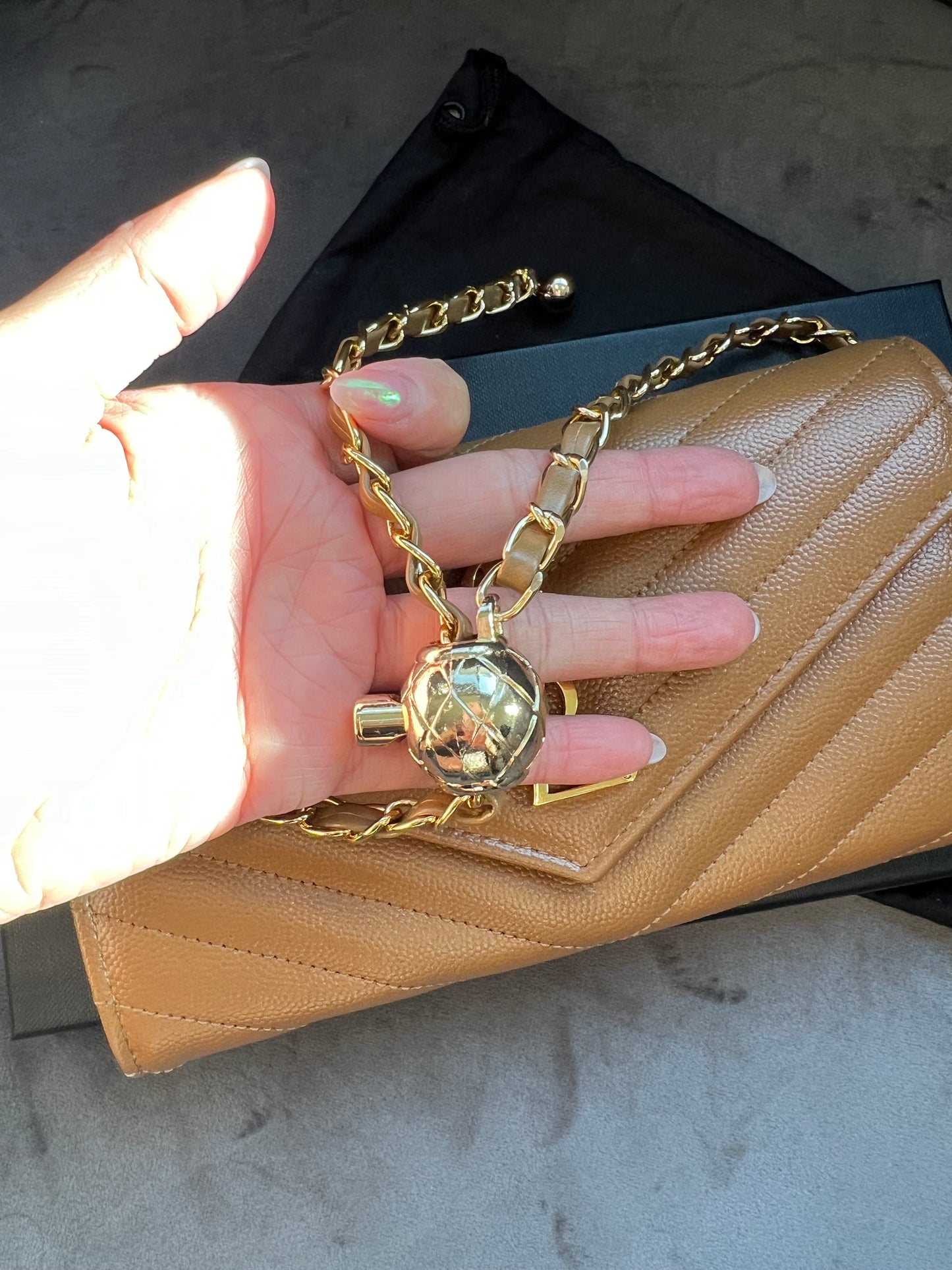 Saint Laurent Cassandre envelope flap brown wallet on chain