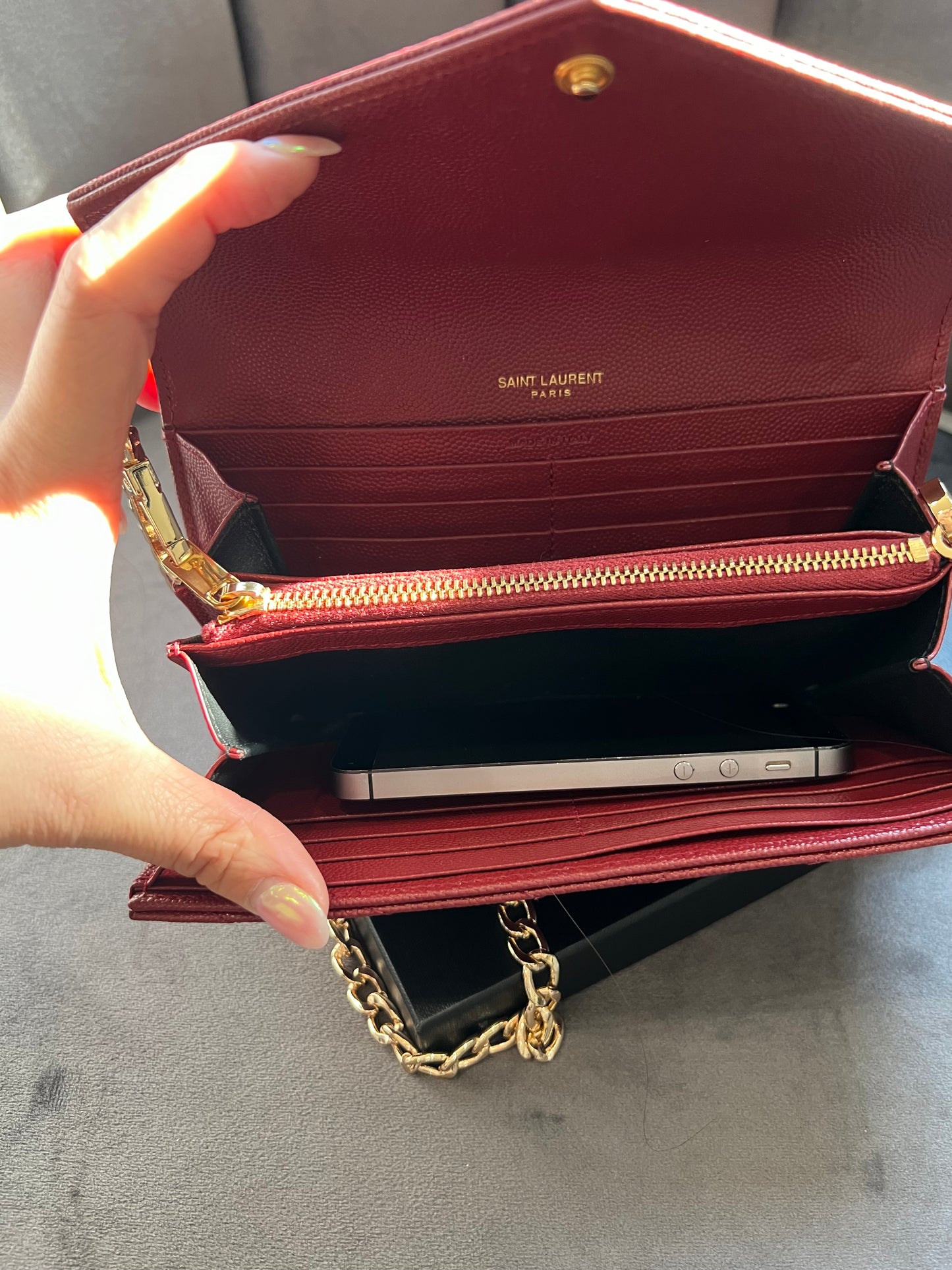 Saint Laurent Cassandre envelope flap red wallet on chain