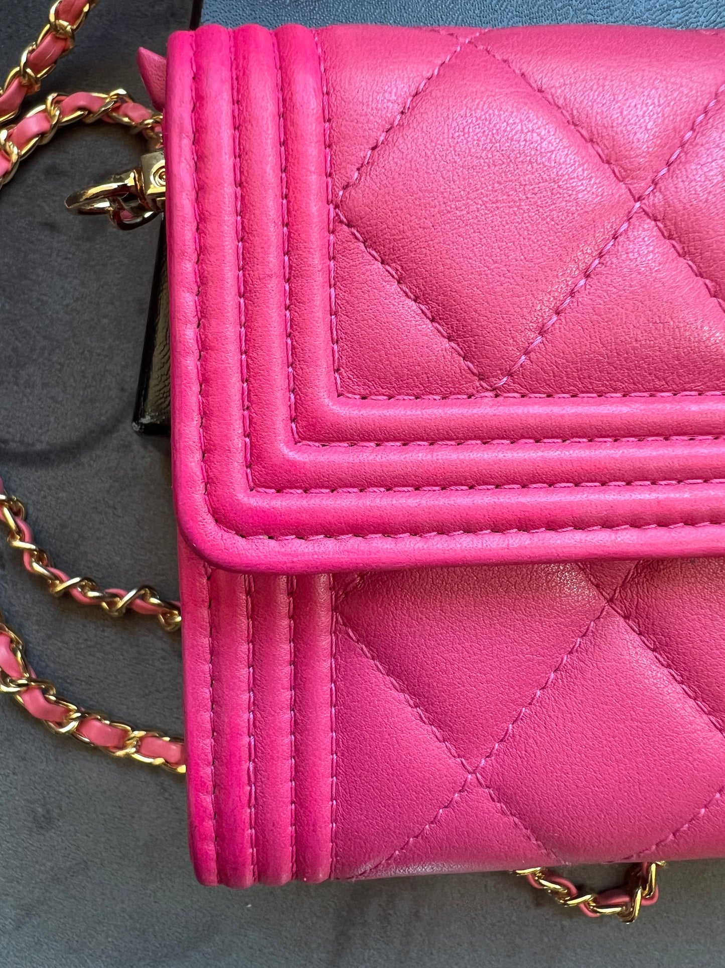 Pink Chanel Boy Gusseted wallet on chain