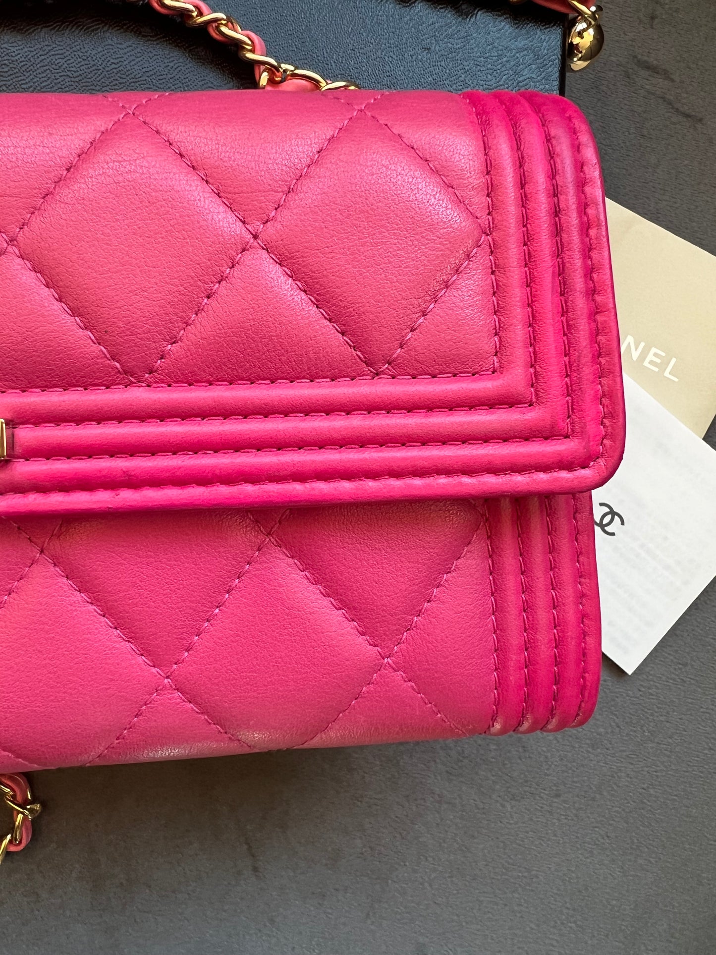 Pink Chanel Boy Gusseted wallet on chain