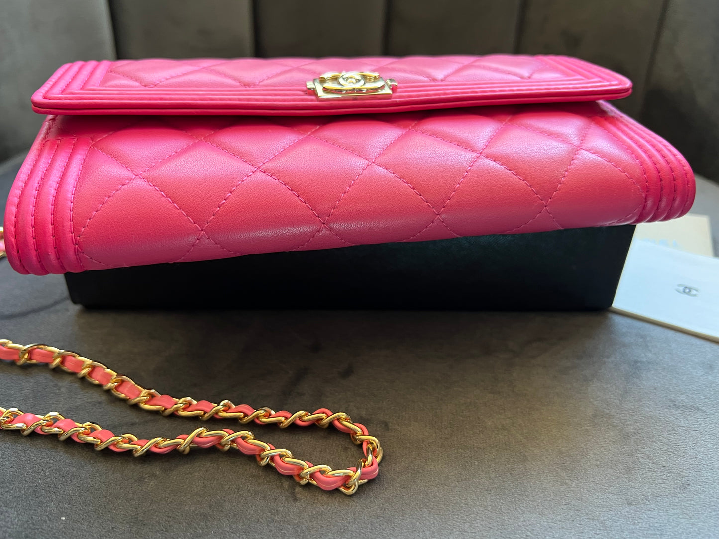 Pink Chanel Boy Gusseted wallet on chain