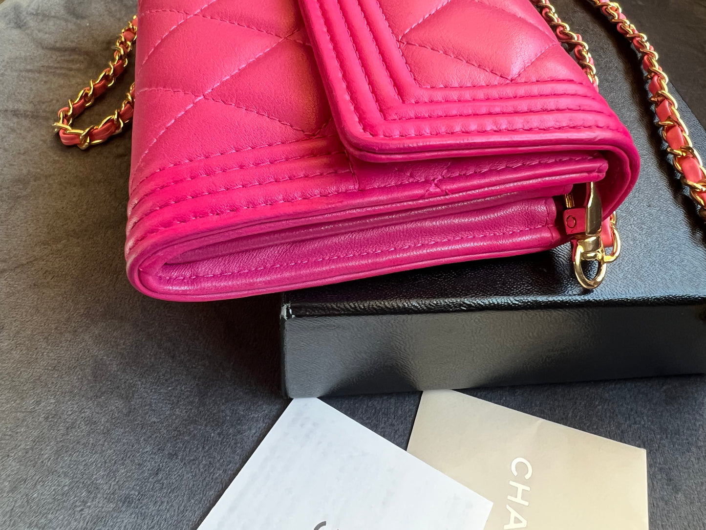 Pink Chanel Boy Gusseted wallet on chain