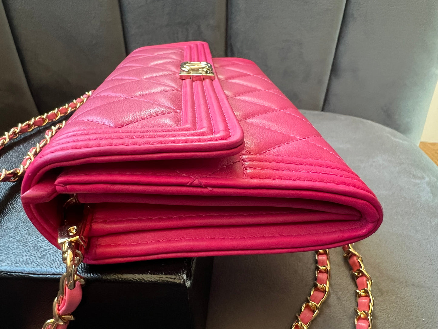Pink Chanel Boy Gusseted wallet on chain