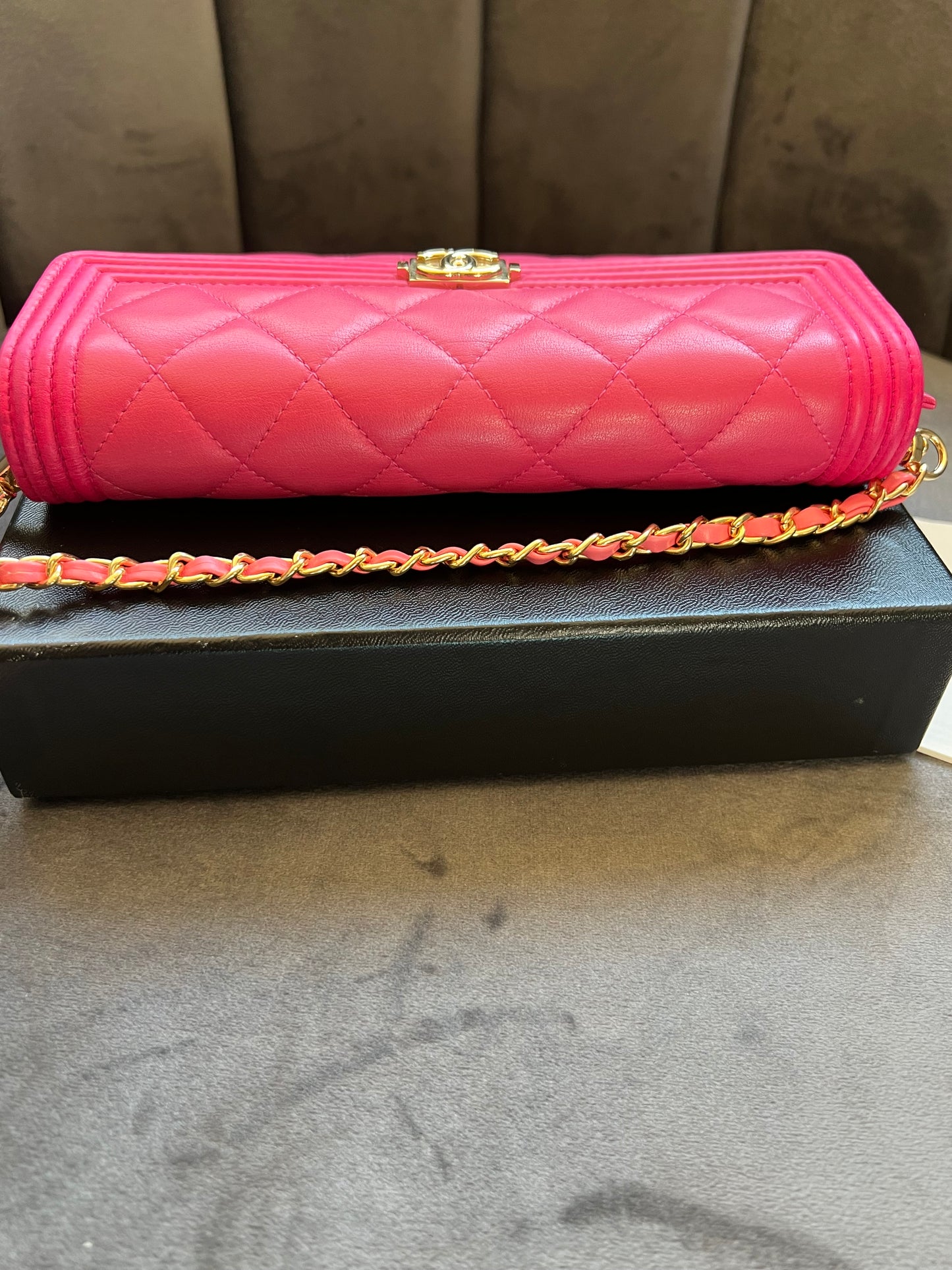 Pink Chanel Boy Gusseted wallet on chain