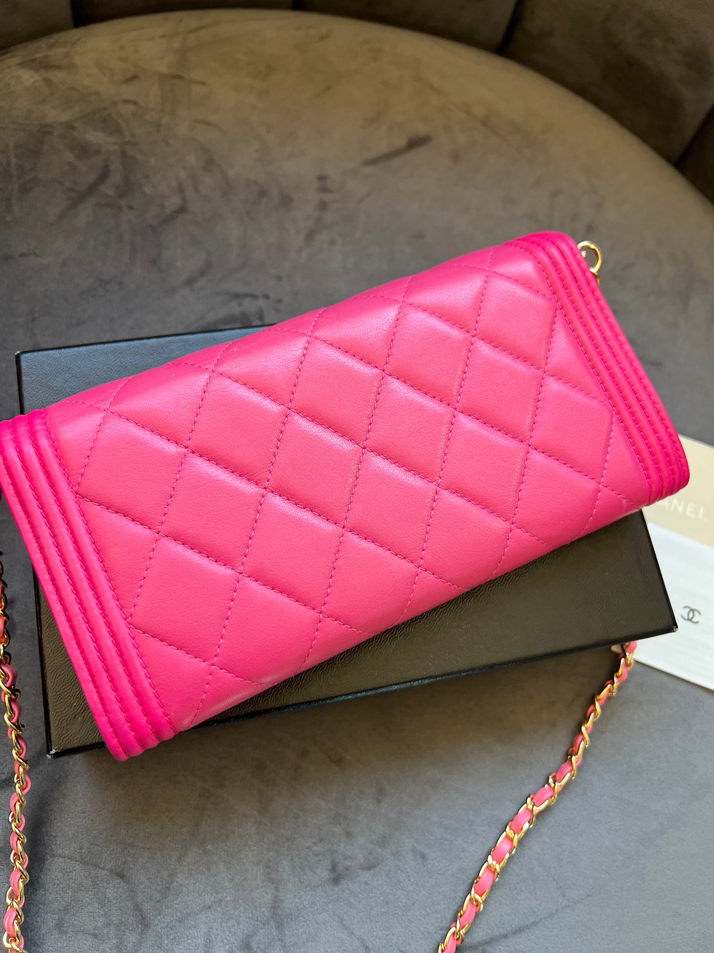Pink Chanel Boy Gusseted wallet on chain