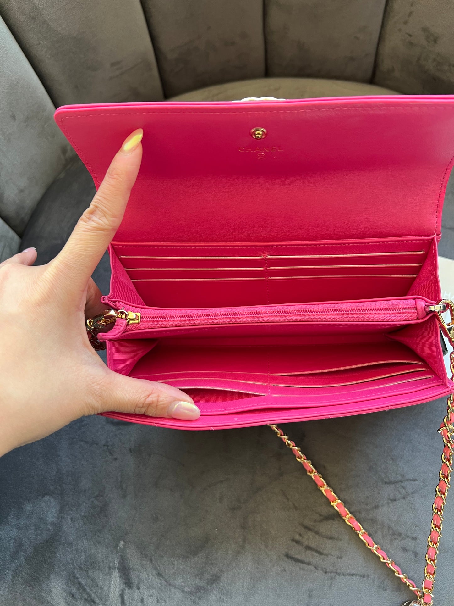 Pink Chanel Boy Gusseted wallet on chain