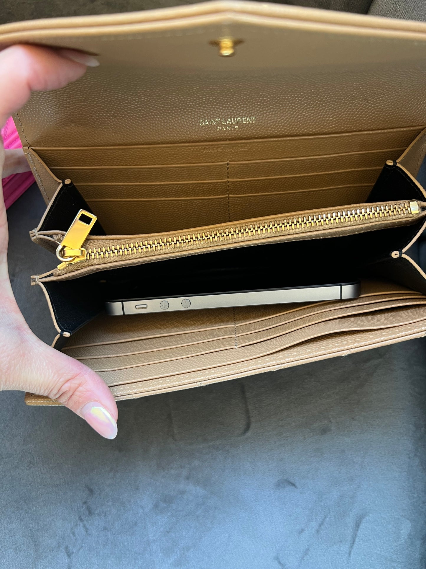 Beige YSL cassandre wallet on chain