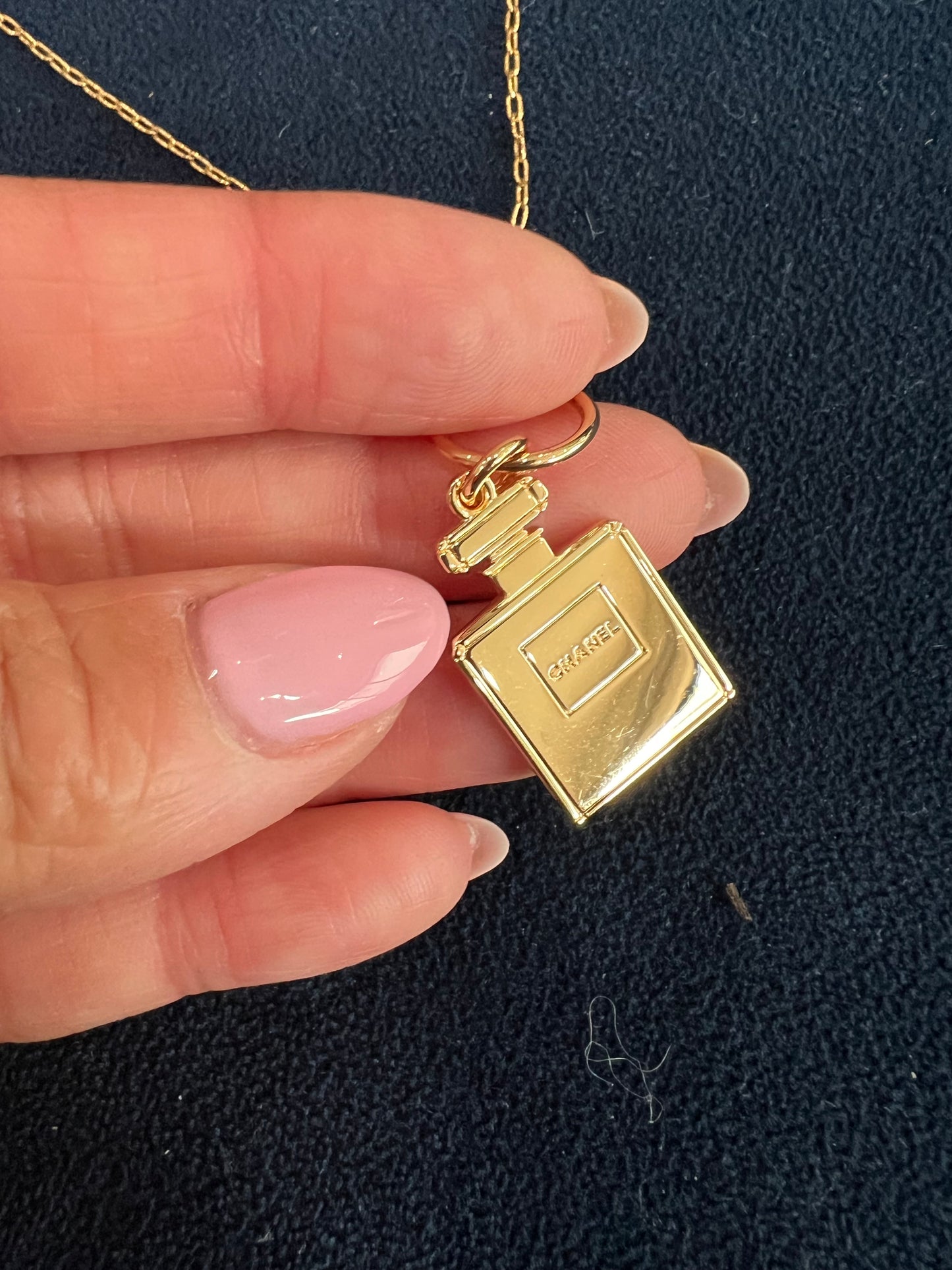 Upcycled Chanel perfume charm lariat necklace
