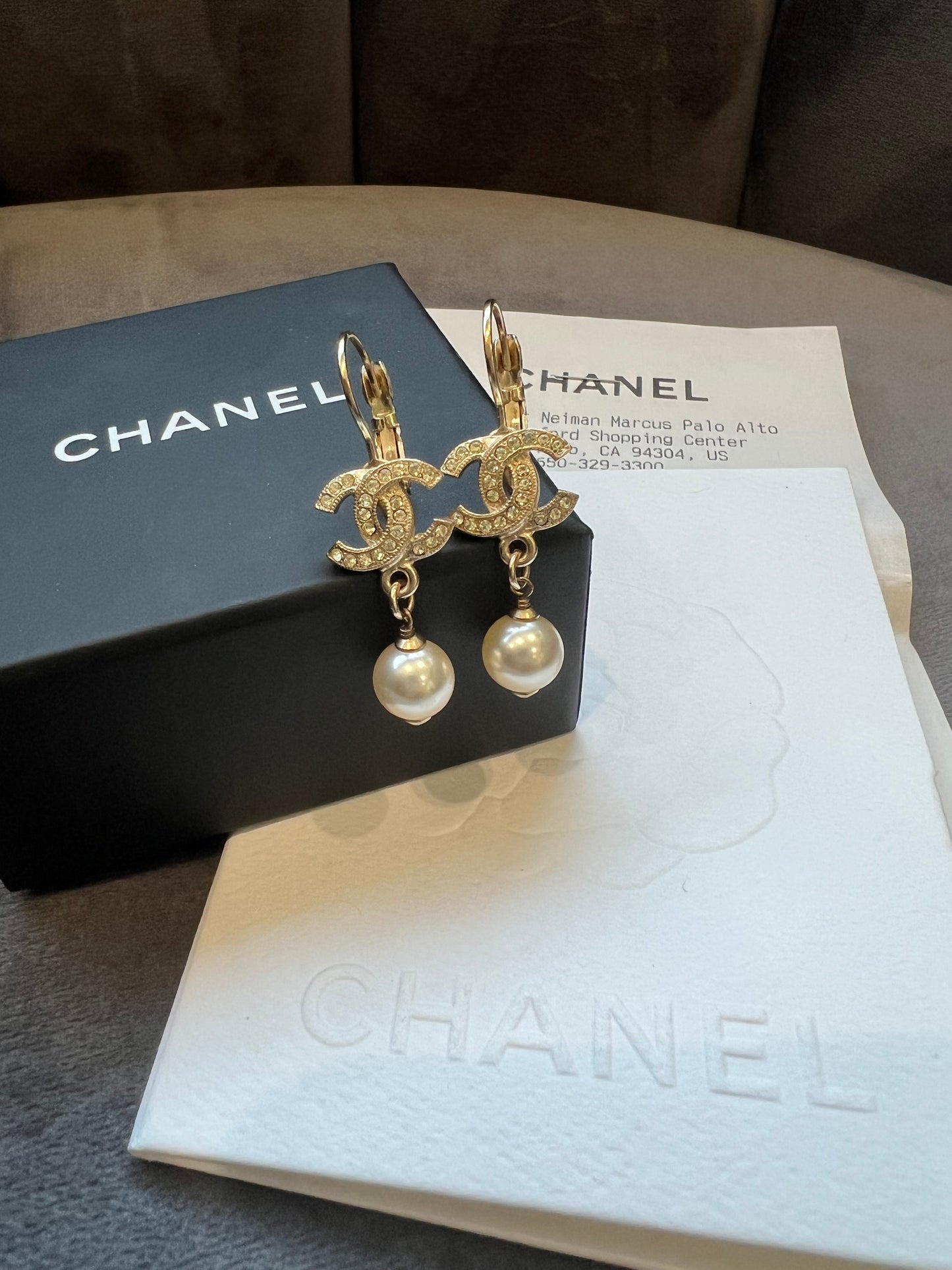 CHANEL Crystal Pearl CC Drop Earrings