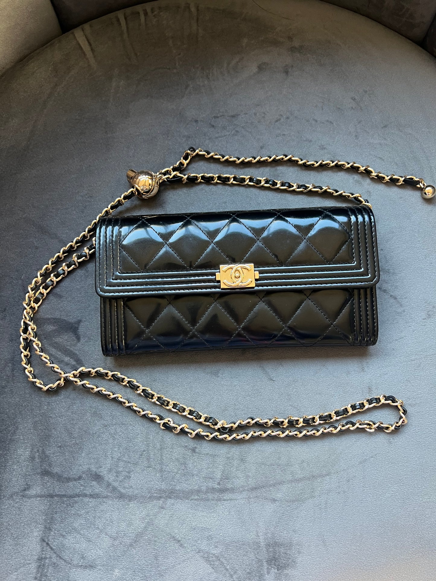 Chanel Boy Gusseted black wallet on chain