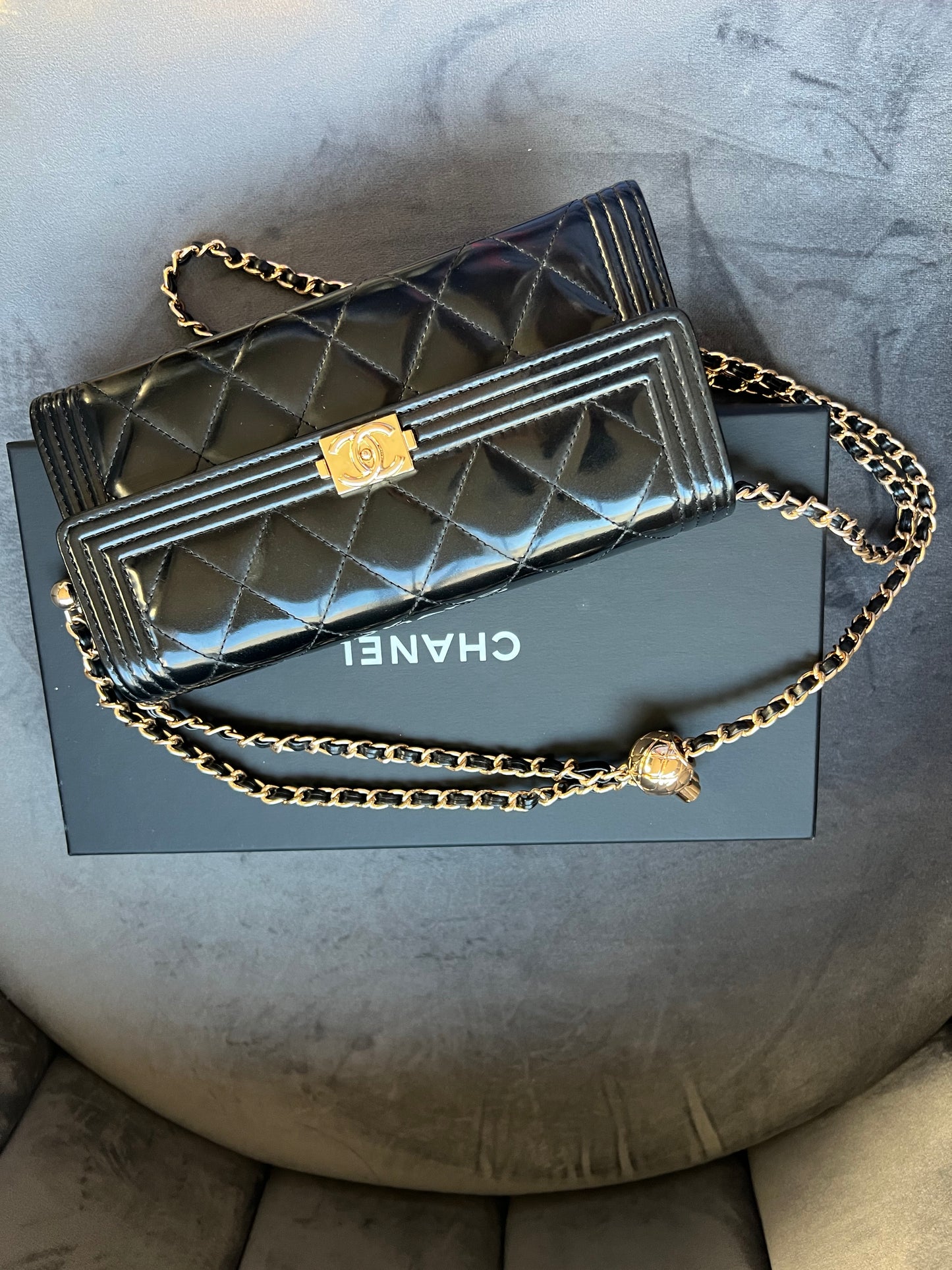Chanel Boy Gusseted black wallet on chain
