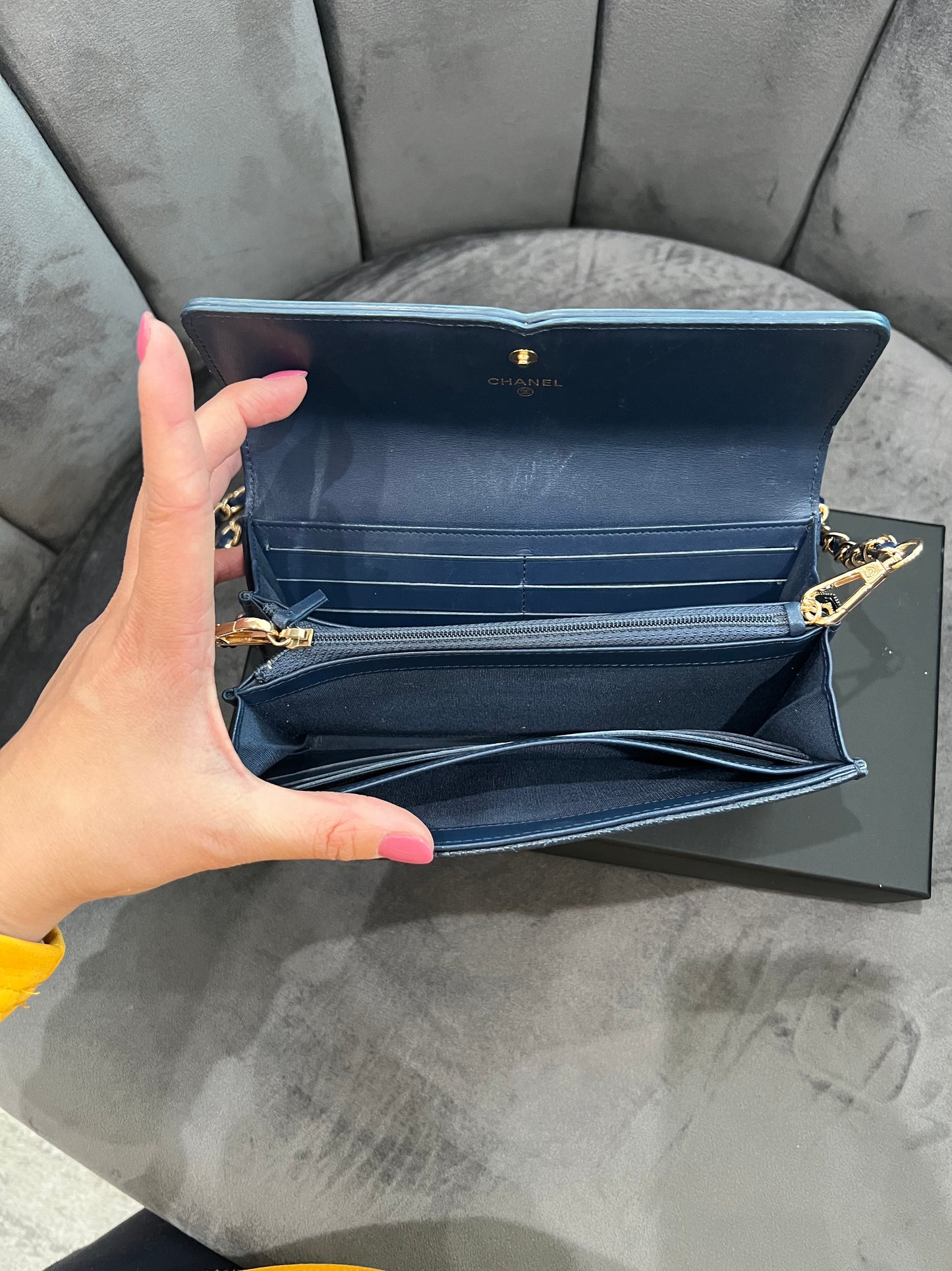 Chanel Navy Blue Large Filigree Gusset Flap Chanel Wallet On Chain