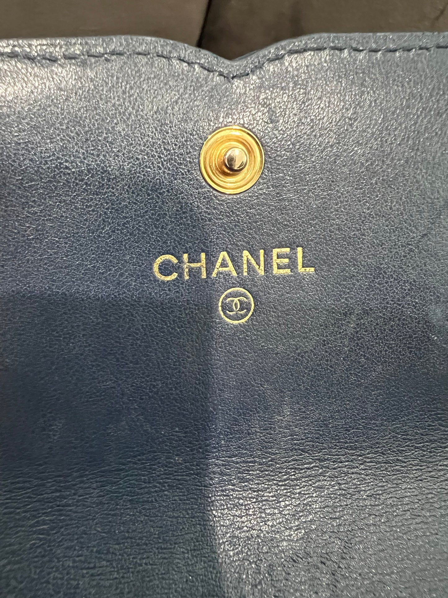 Chanel Navy Blue Large Filigree Gusset Flap Chanel Wallet On Chain