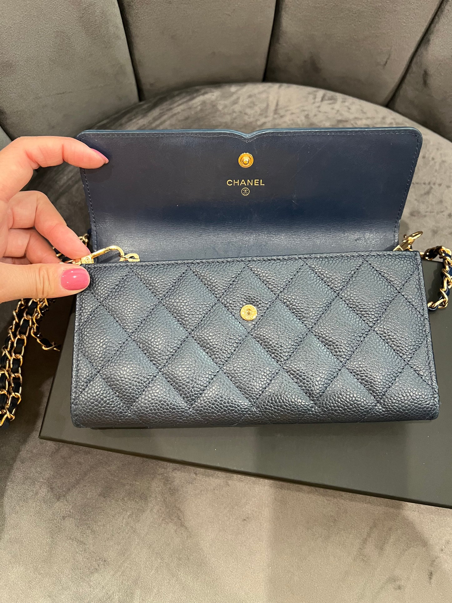 Chanel Navy Blue Large Filigree Gusset Flap Chanel Wallet On Chain
