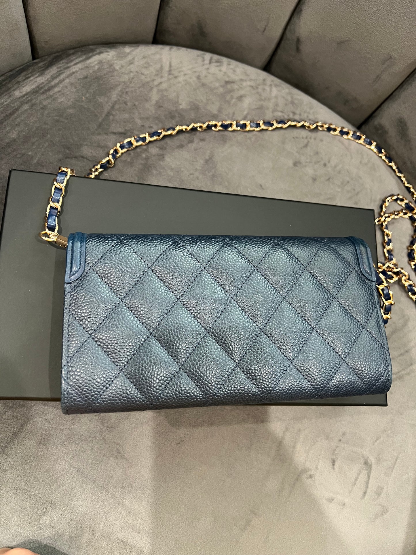 Chanel Navy Blue Large Filigree Gusset Flap Chanel Wallet On Chain