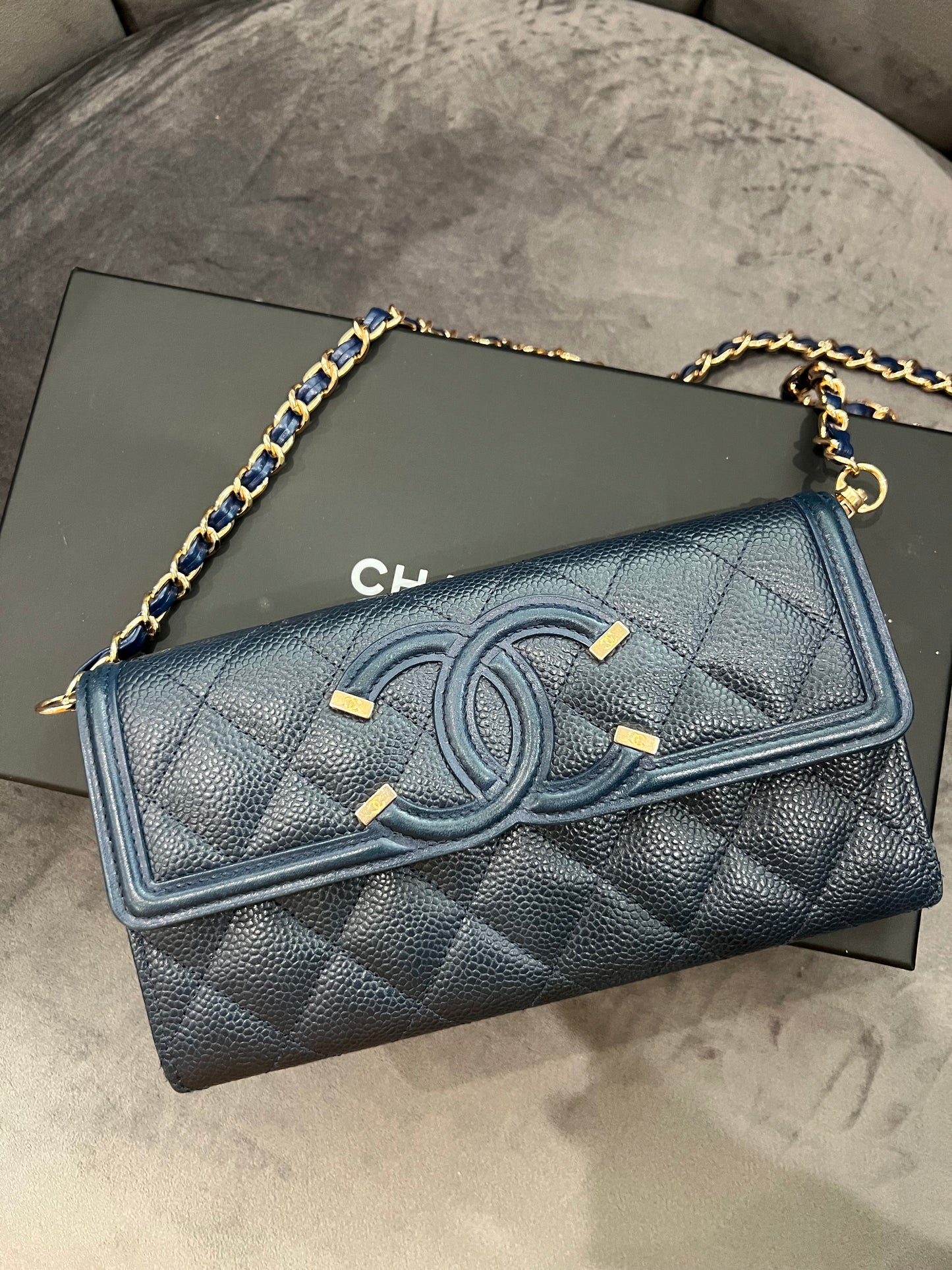 Chanel Navy Blue Large Filigree Gusset Flap Chanel Wallet On Chain