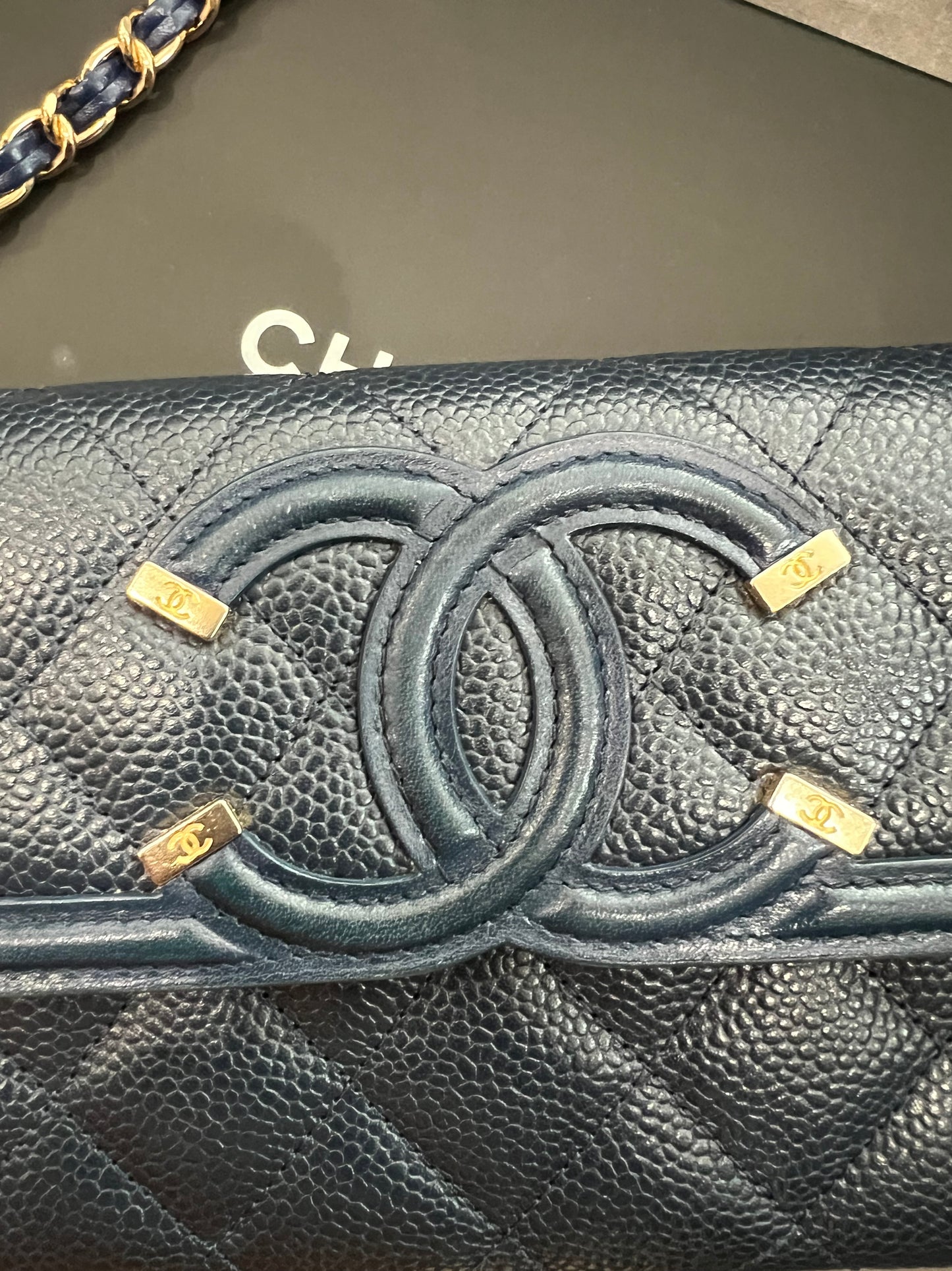 Chanel Navy Blue Large Filigree Gusset Flap Chanel Wallet On Chain