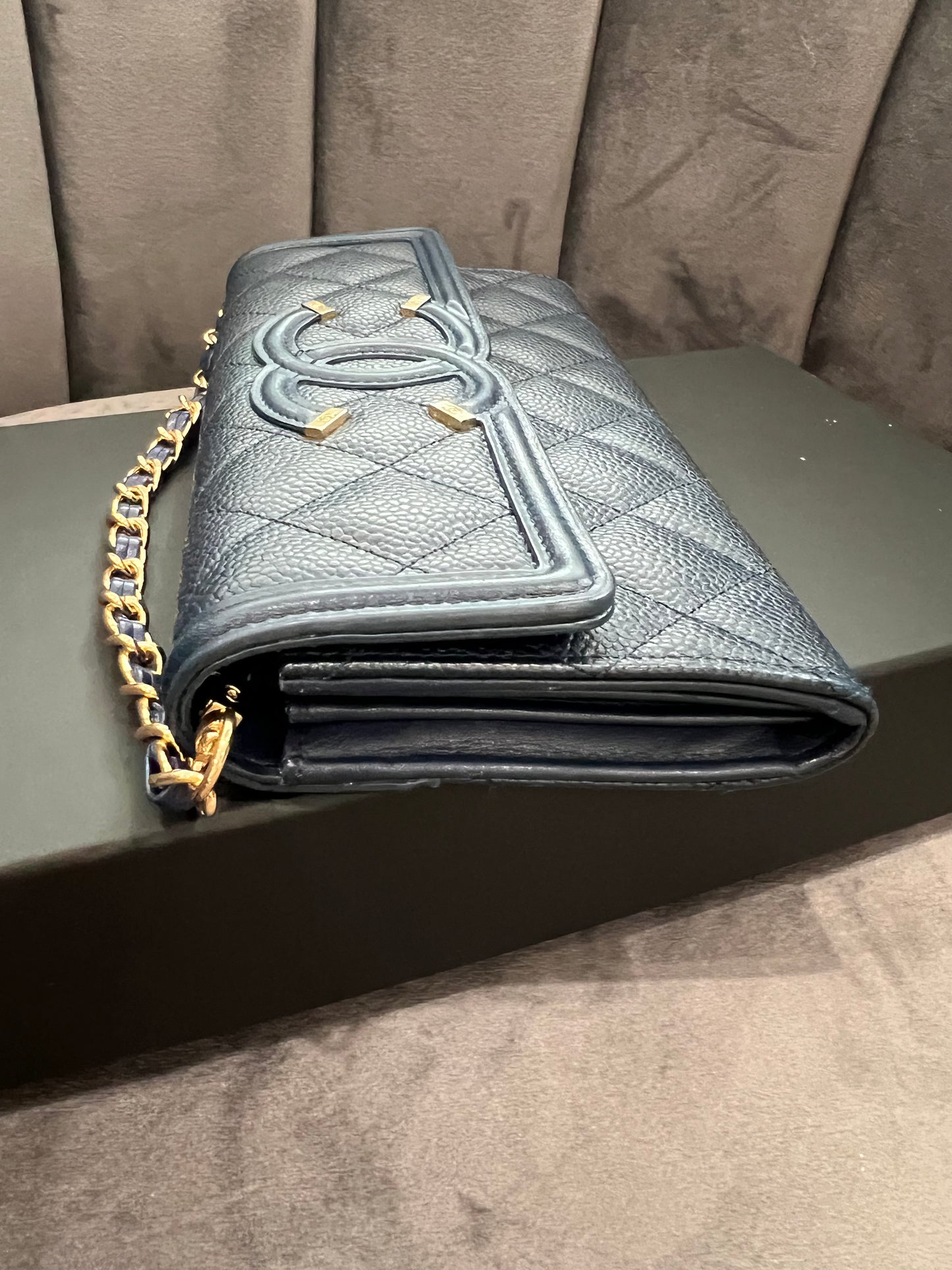 Chanel Navy Blue Large Filigree Gusset Flap Chanel Wallet On Chain