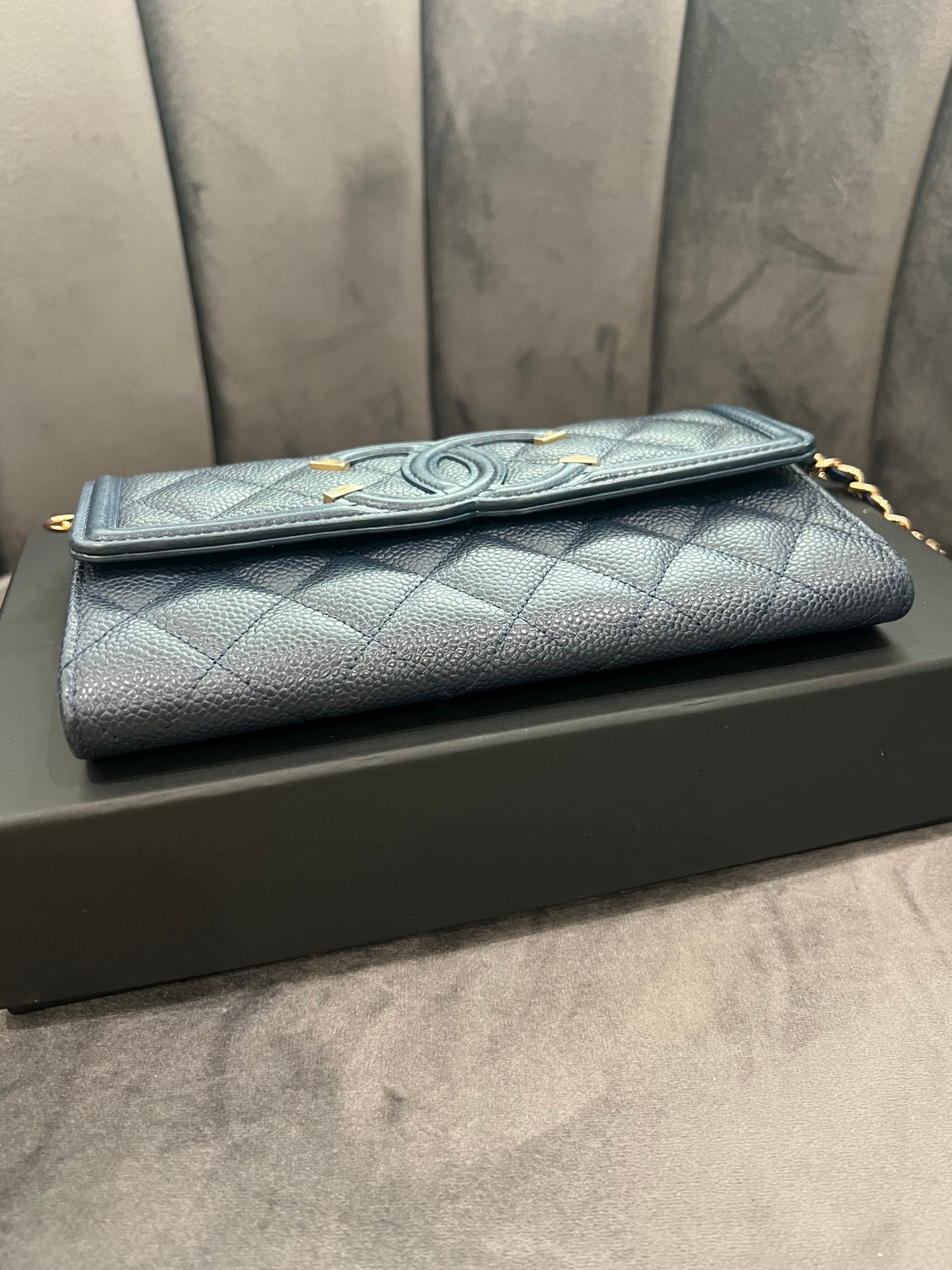 Chanel Navy Blue Large Filigree Gusset Flap Chanel Wallet On Chain