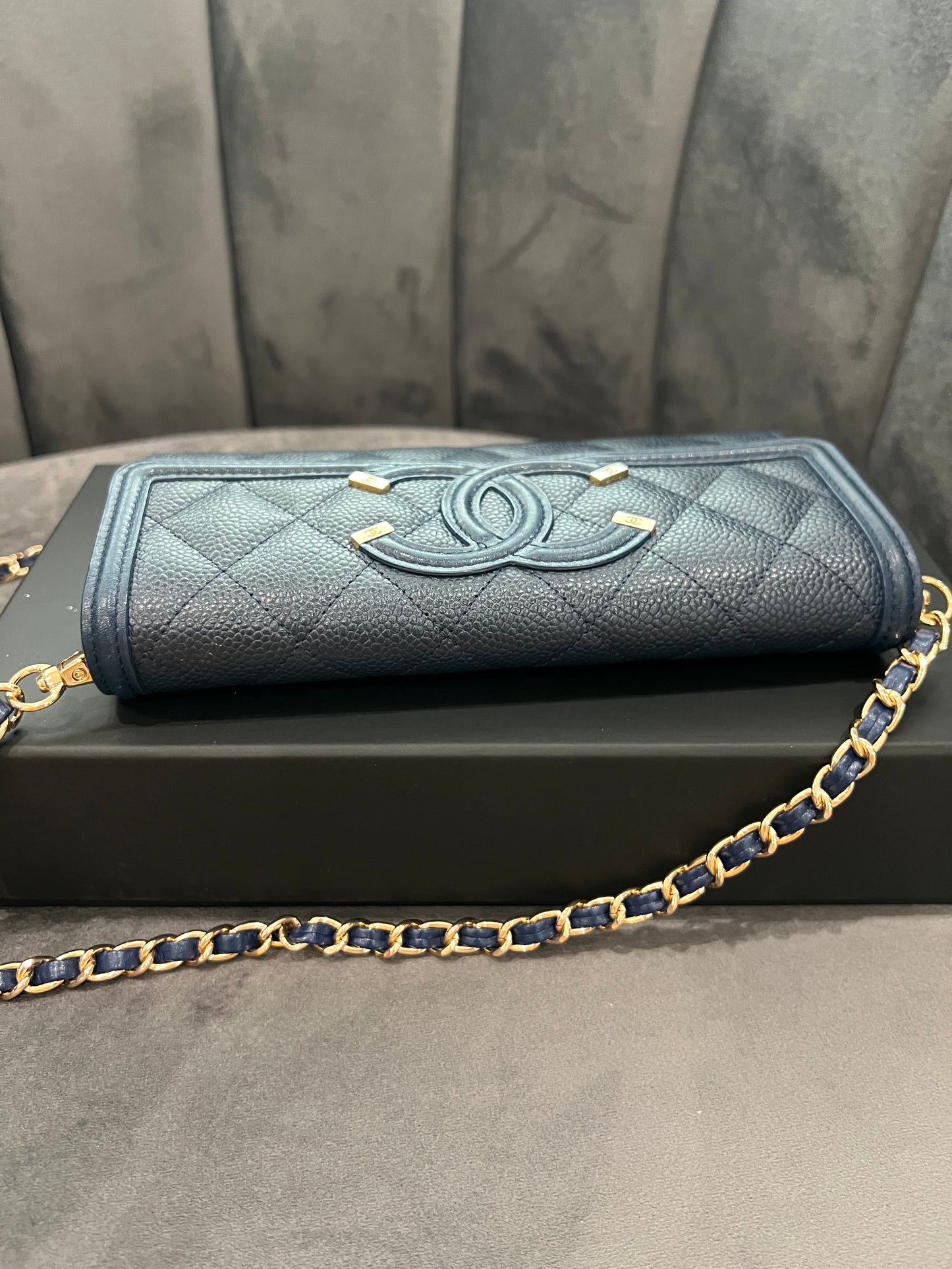 Chanel Navy Blue Large Filigree Gusset Flap Chanel Wallet On Chain