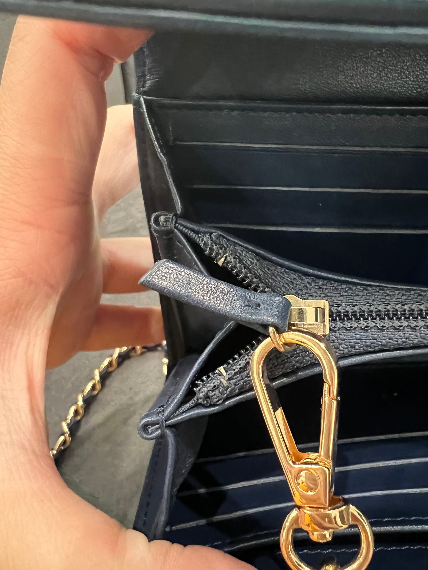 Chanel Navy Blue Large Filigree Gusset Flap Chanel Wallet On Chain